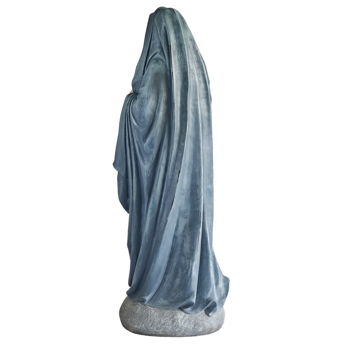 Back view of Madonna & Child Antiqued Statue showing the flowing blue robe and sculpted details