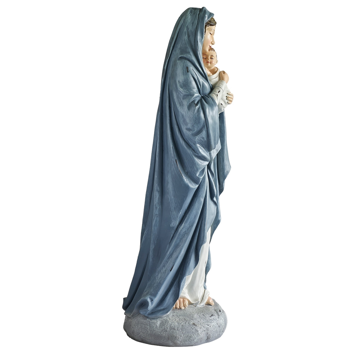 Side view of Madonna & Child Antiqued Statue showing the sculpted robe details and antiqued finish