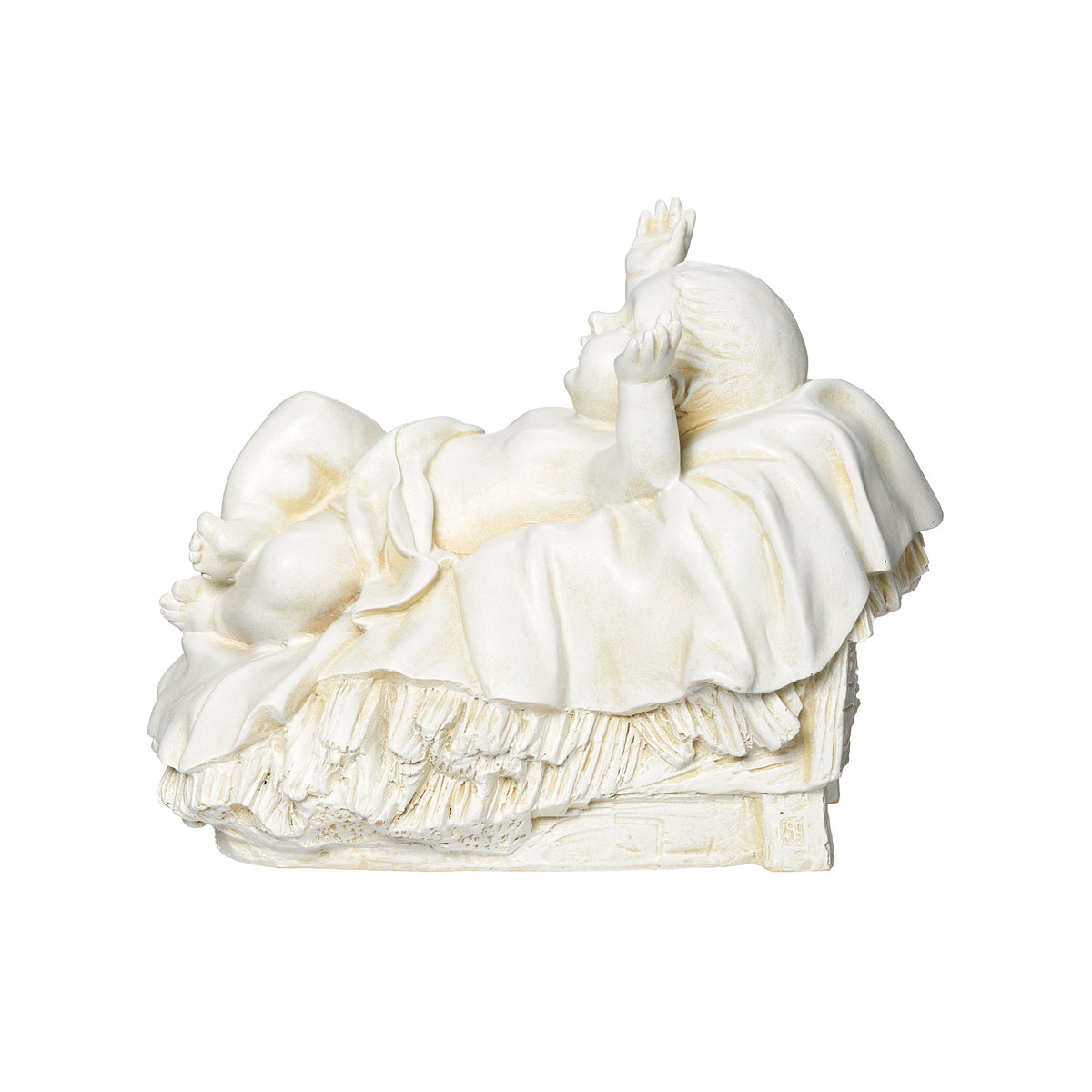 Side angled view of Joseph's Studio Ivory Baby Jesus Garden Statue showing the raised arms, layered bedding, and textured manger