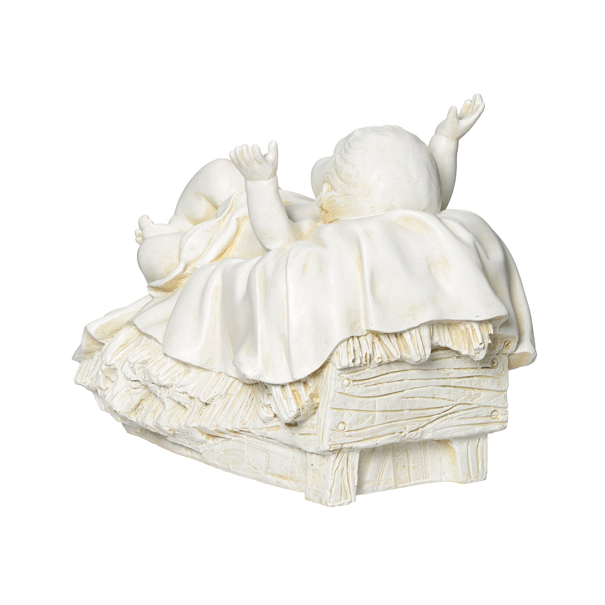 Rear angled view of Joseph's Studio Ivory Baby Jesus Garden Statue showing the back of the Christ Child, raised arms, and draped bedding