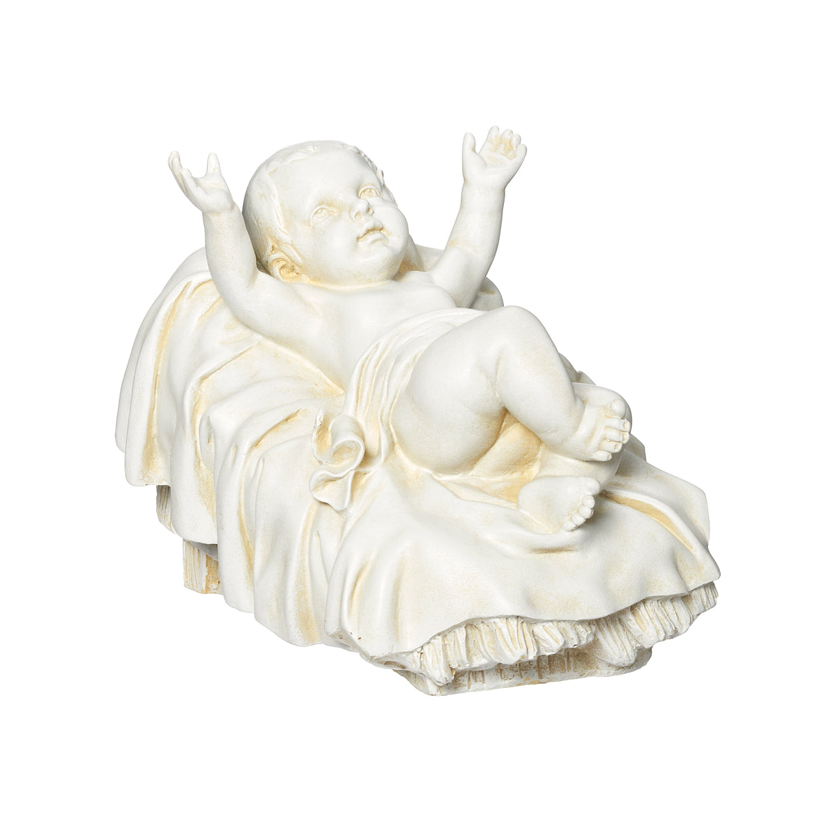 Front view of Joseph's Studio Ivory Baby Jesus Garden Statue showing the Christ Child resting in the manger with both arms lifted