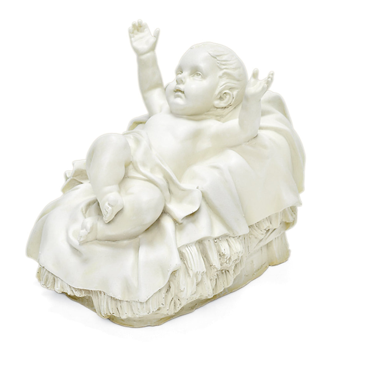 Joseph's Studio Ivory Baby Jesus Garden Statue featuring the Christ Child lying in a sculpted manger with arms raised and detailed ivory bedding