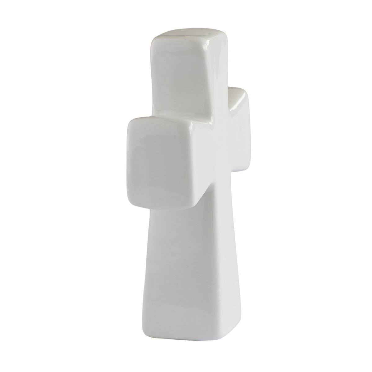 Side view of Bread of Life First Holy Communion Tabletop Cross showing the freestanding ceramic cross and narrow profile