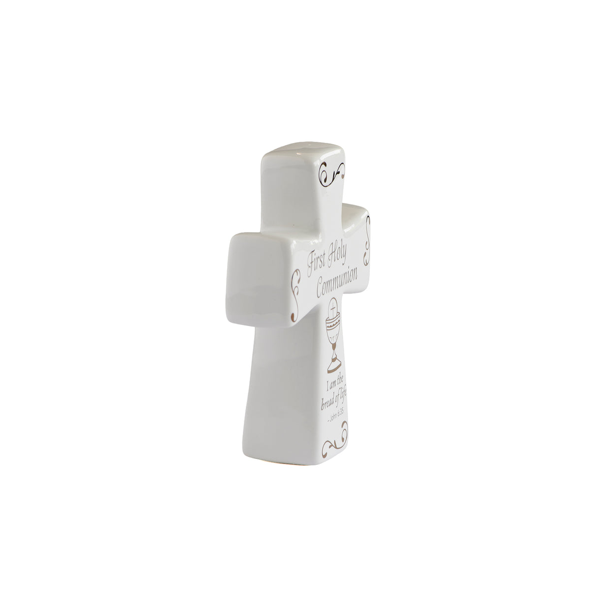 Opposite side view of Bread of Life First Holy Communion Tabletop Cross showing the freestanding shape and raised front detailing