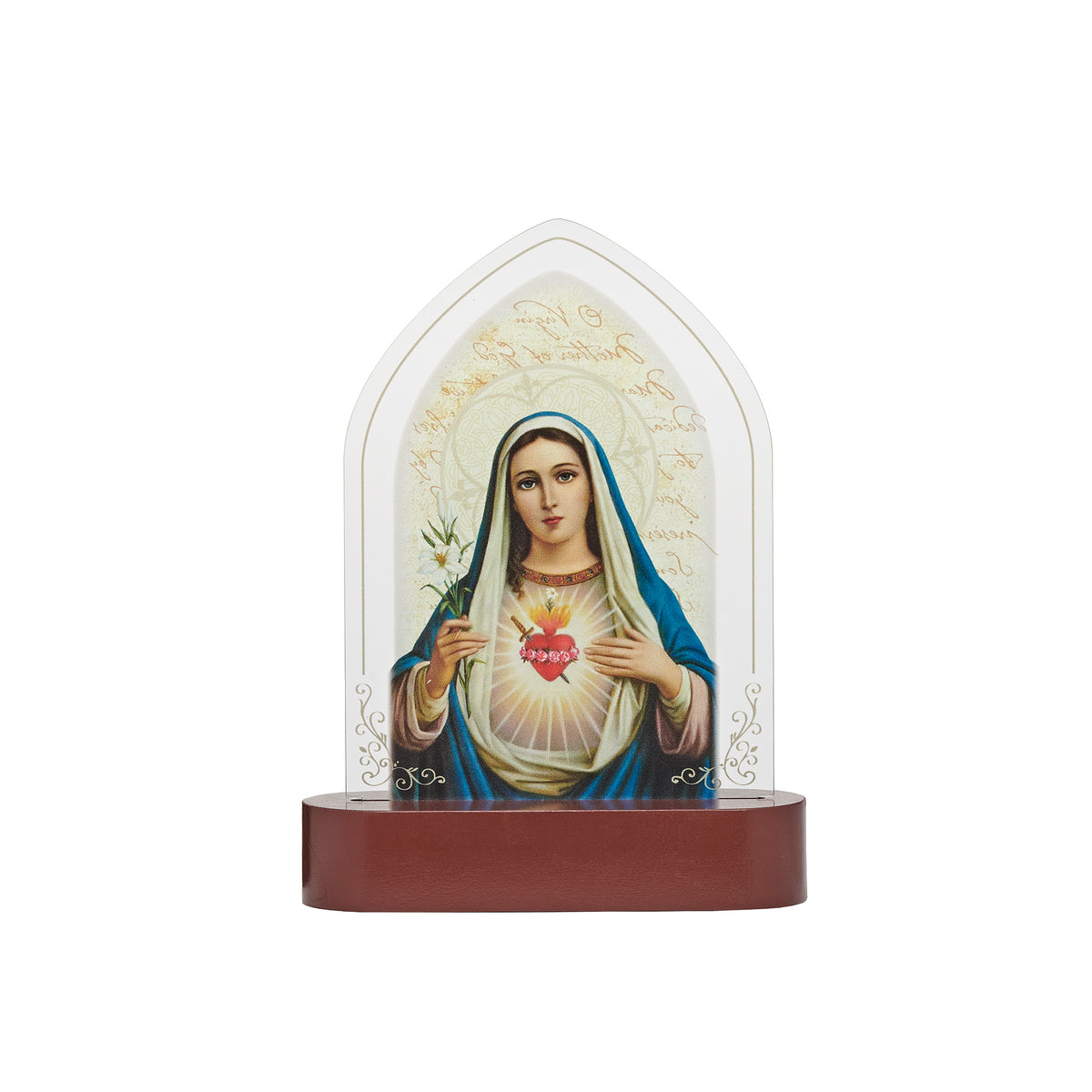 Front view of Immaculate Heart of Mary Lighted Tabletop Plaque featuring Mary with the Immaculate Heart inside the arched panel