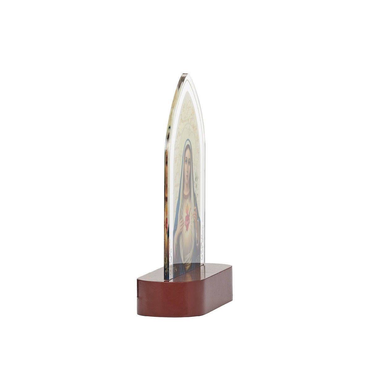 Side view of Immaculate Heart of Mary Lighted Tabletop Plaque showing the slim acrylic panel and tabletop base