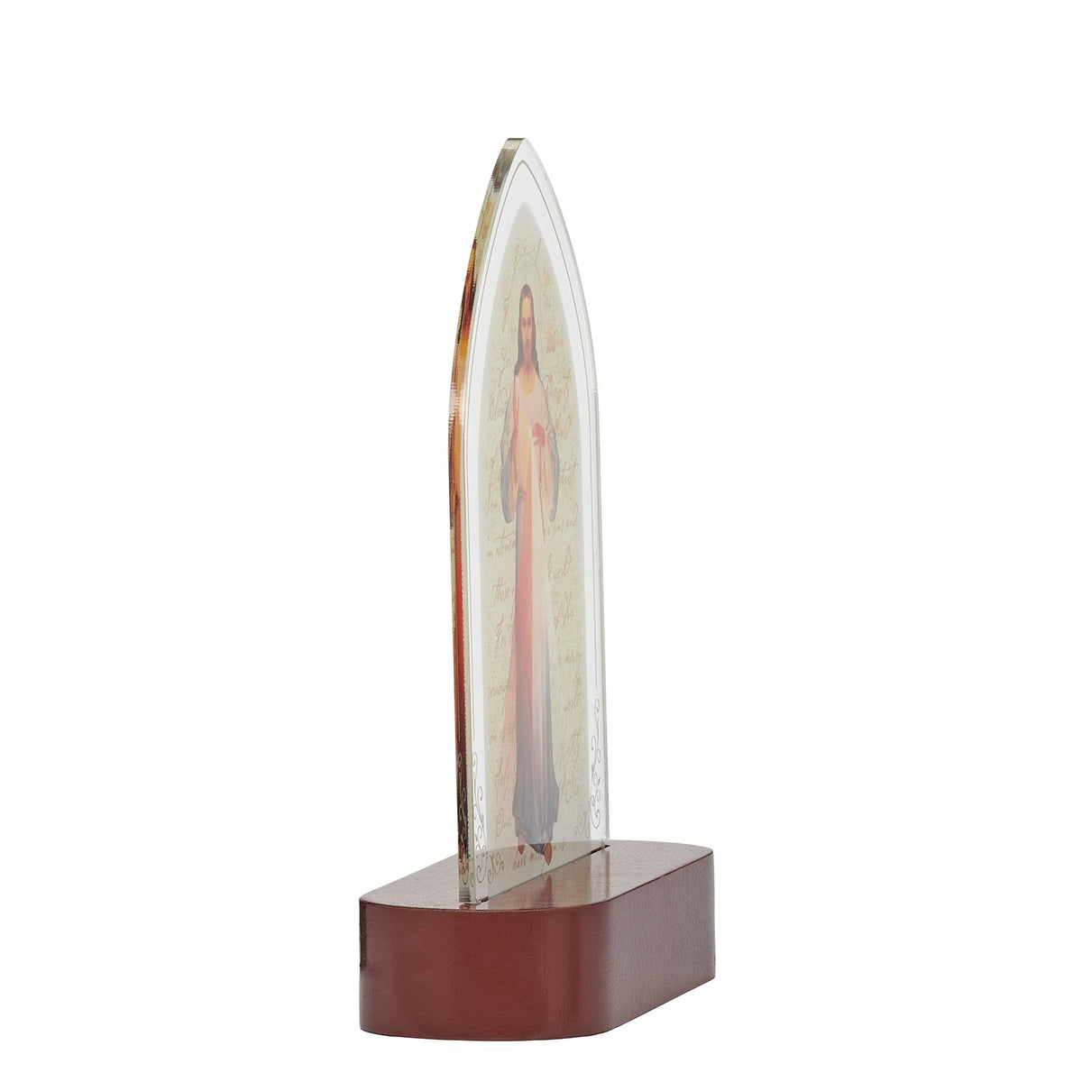 Side view of Divine Mercy Lighted Tabletop Plaque showing the slim acrylic panel and wood-tone base