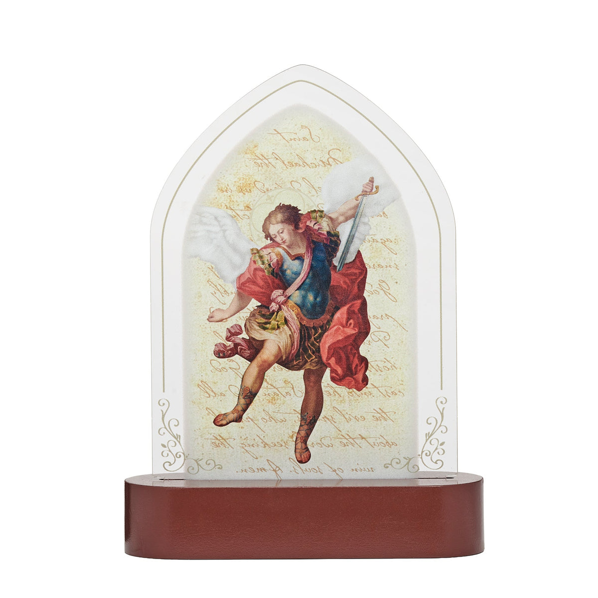 Front view of St. Michael Lighted Tabletop Plaque featuring St. Michael the Archangel in vivid red and gold tones