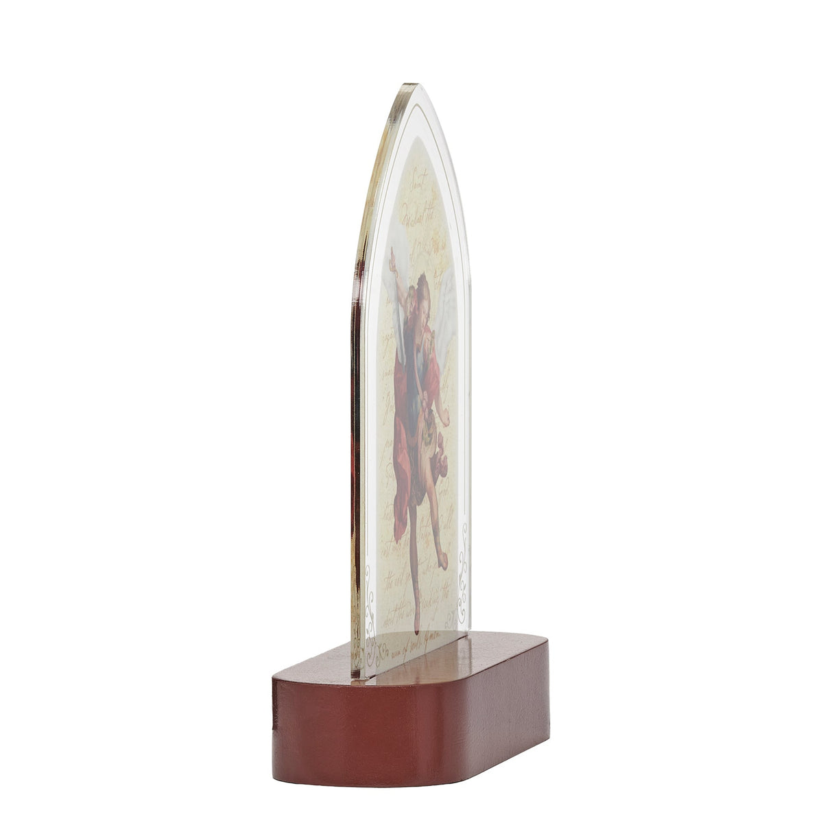 Side view of St. Michael Lighted Tabletop Plaque showing the slim acrylic panel and wood-tone base