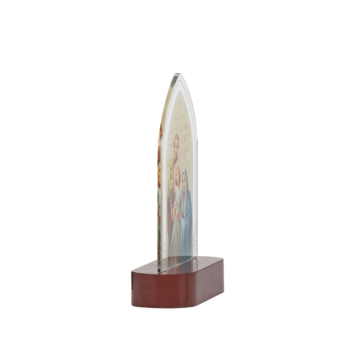 Side view of Holy Family Lighted Tabletop Plaque showing the slim acrylic panel and tabletop base