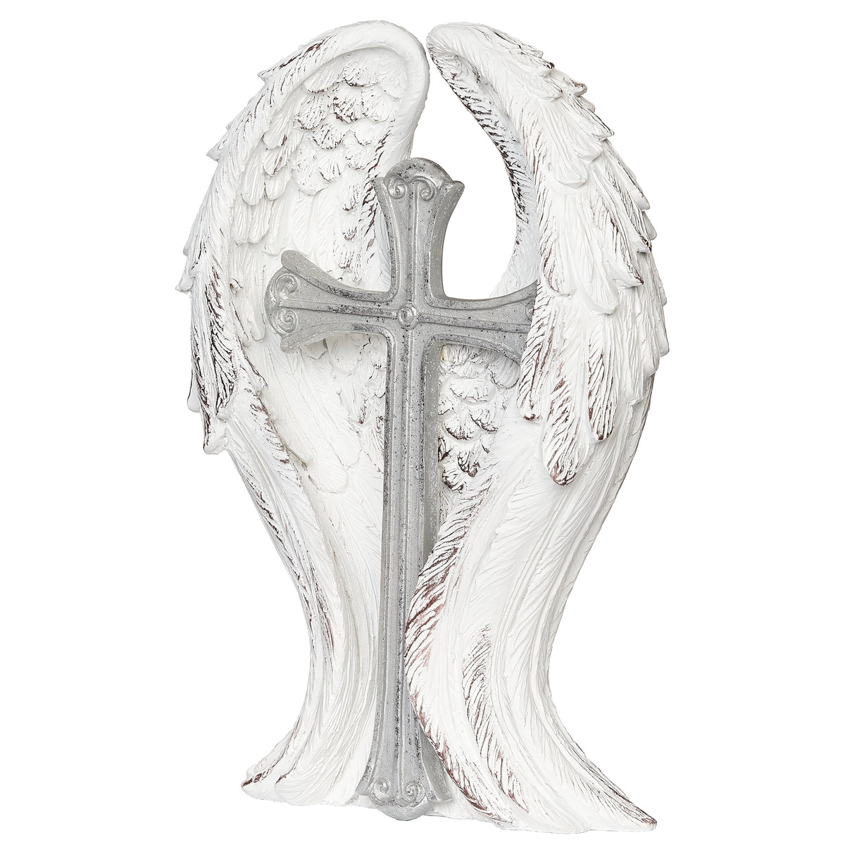 Angled view of silver tabletop cross with sculpted angel wings