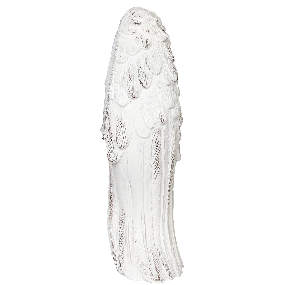 Side view of silver angel wing tabletop cross showing dimensional feather details