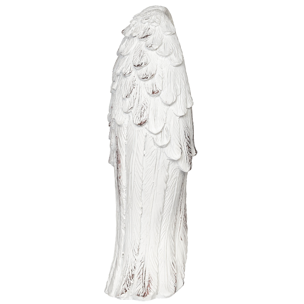 Opposite side view of silver angel wing tabletop cross