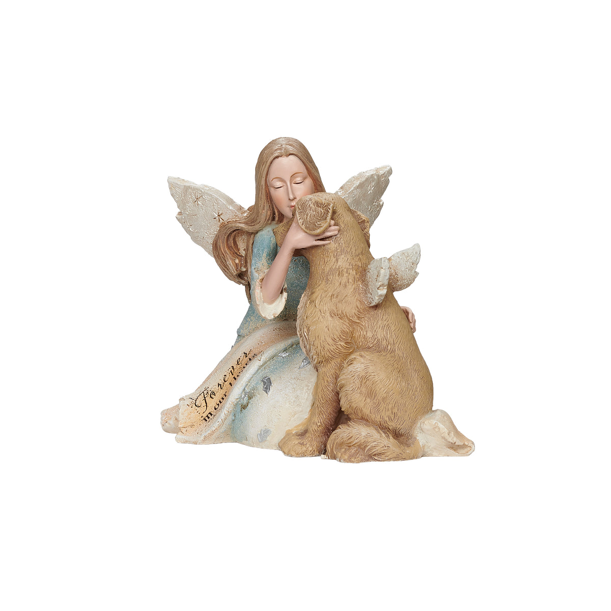 Front angled view of Karen Hahn Angel with Dog figure showing the angel kneeling beside the dog