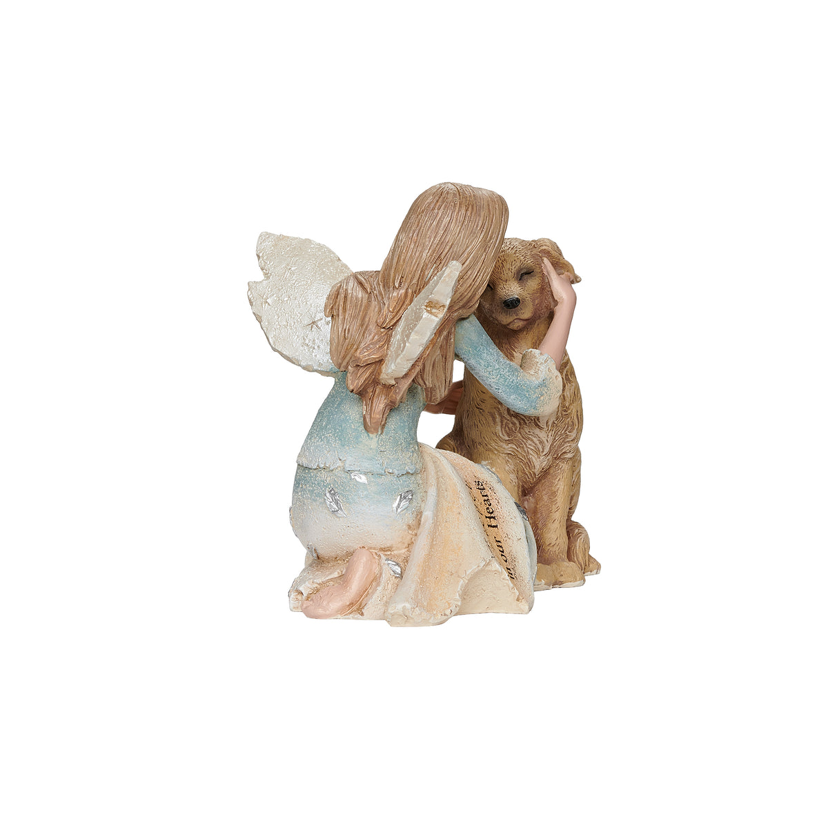 Rear angled view of Karen Hahn Angel with Dog figure showing the angel's wings and the dog's sculpted details