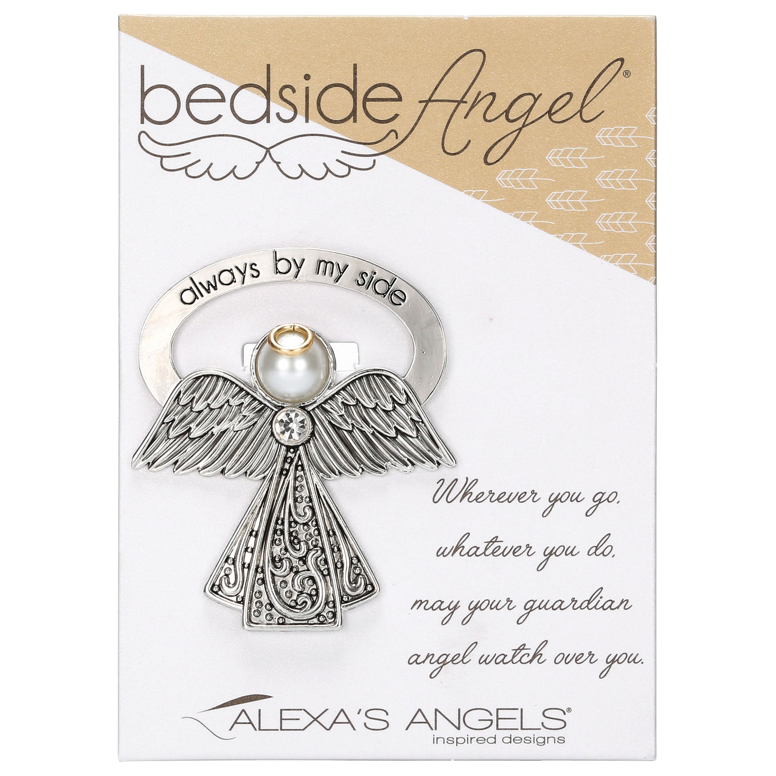 Angel-shaped pendant on a card with 'bedside Angel' branding