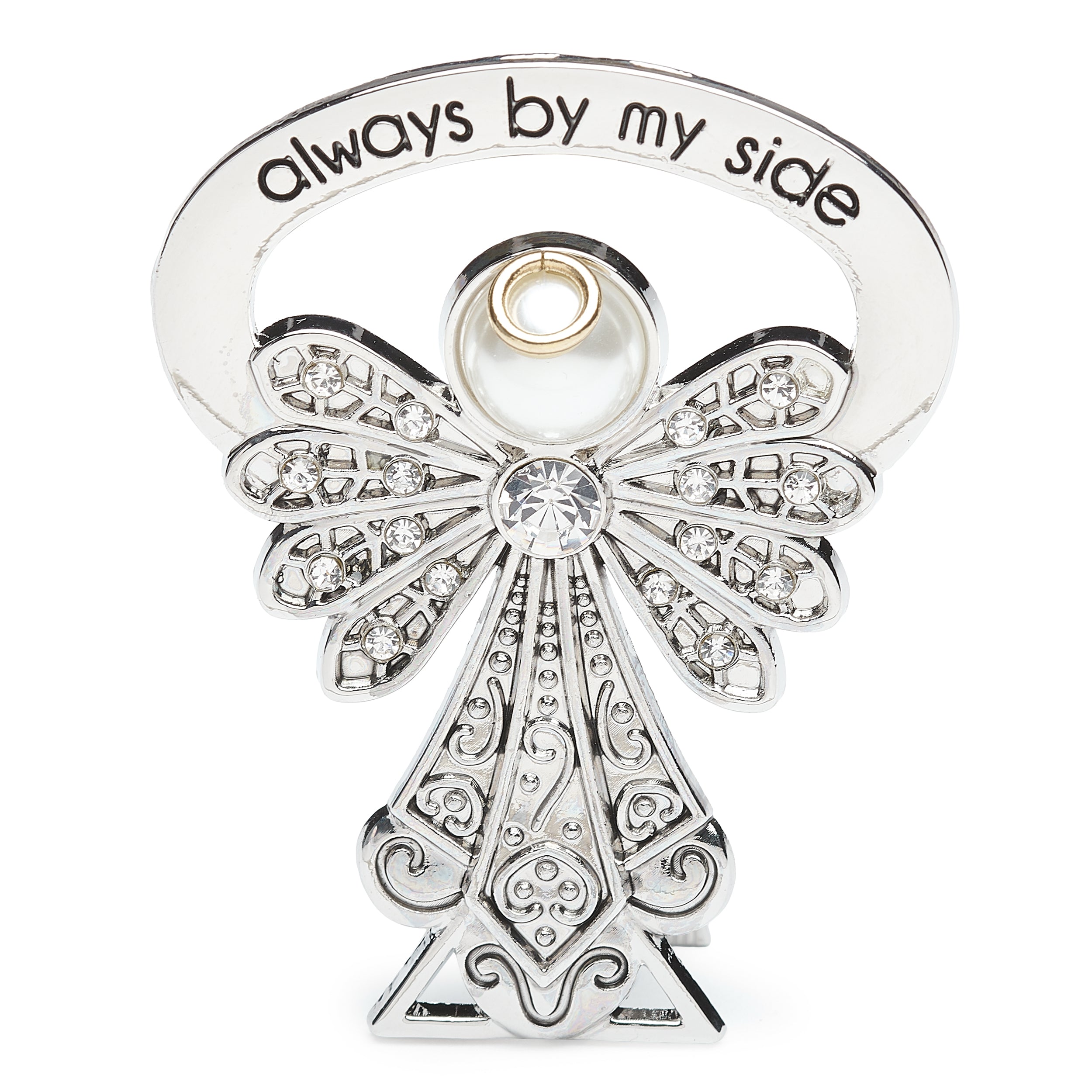 Silver charm with 'always by my side' text on a white background