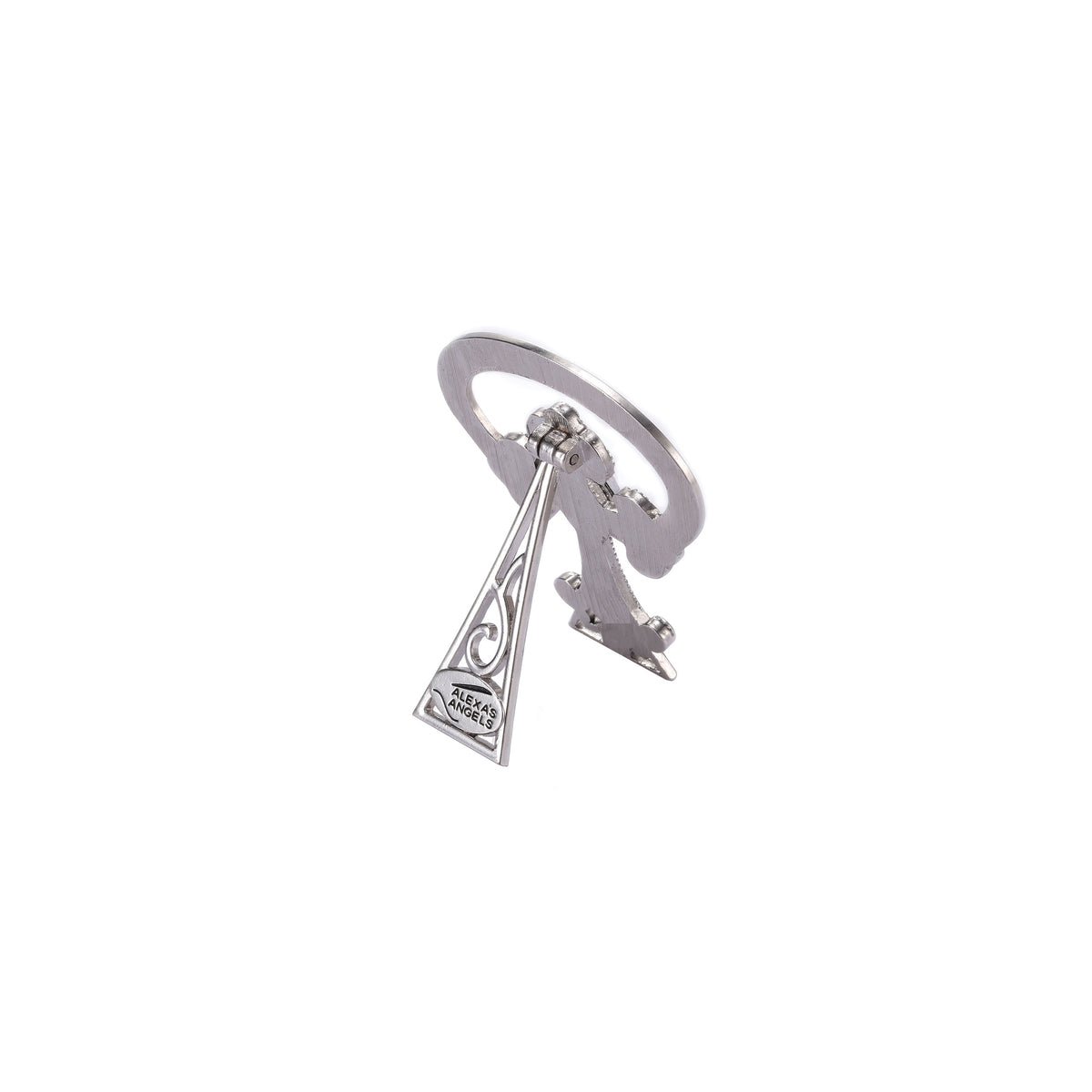 Side view of silver-toned bedside cross showing the angled support that holds it upright.