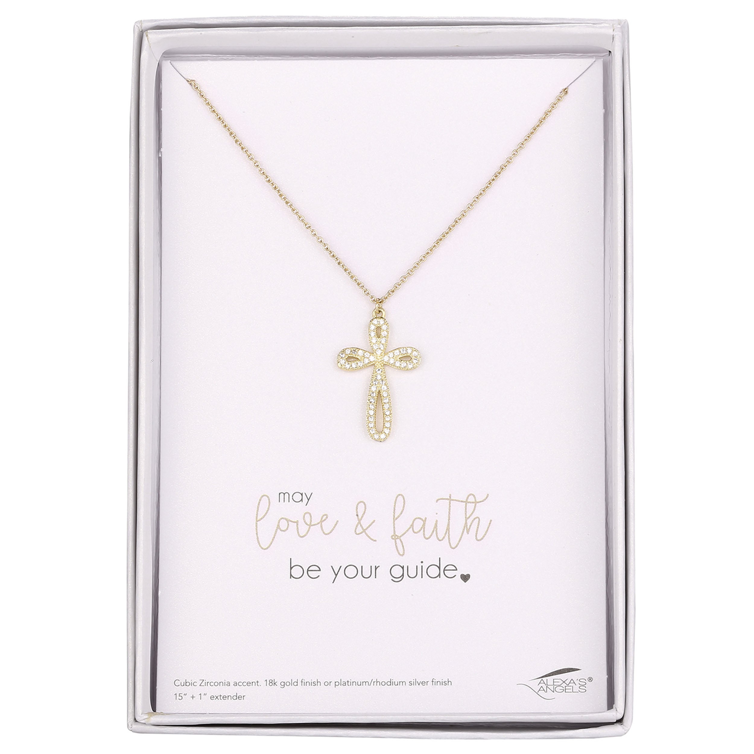 Gold cross necklace in a decorative box with 'may love & faith be your guide' text.