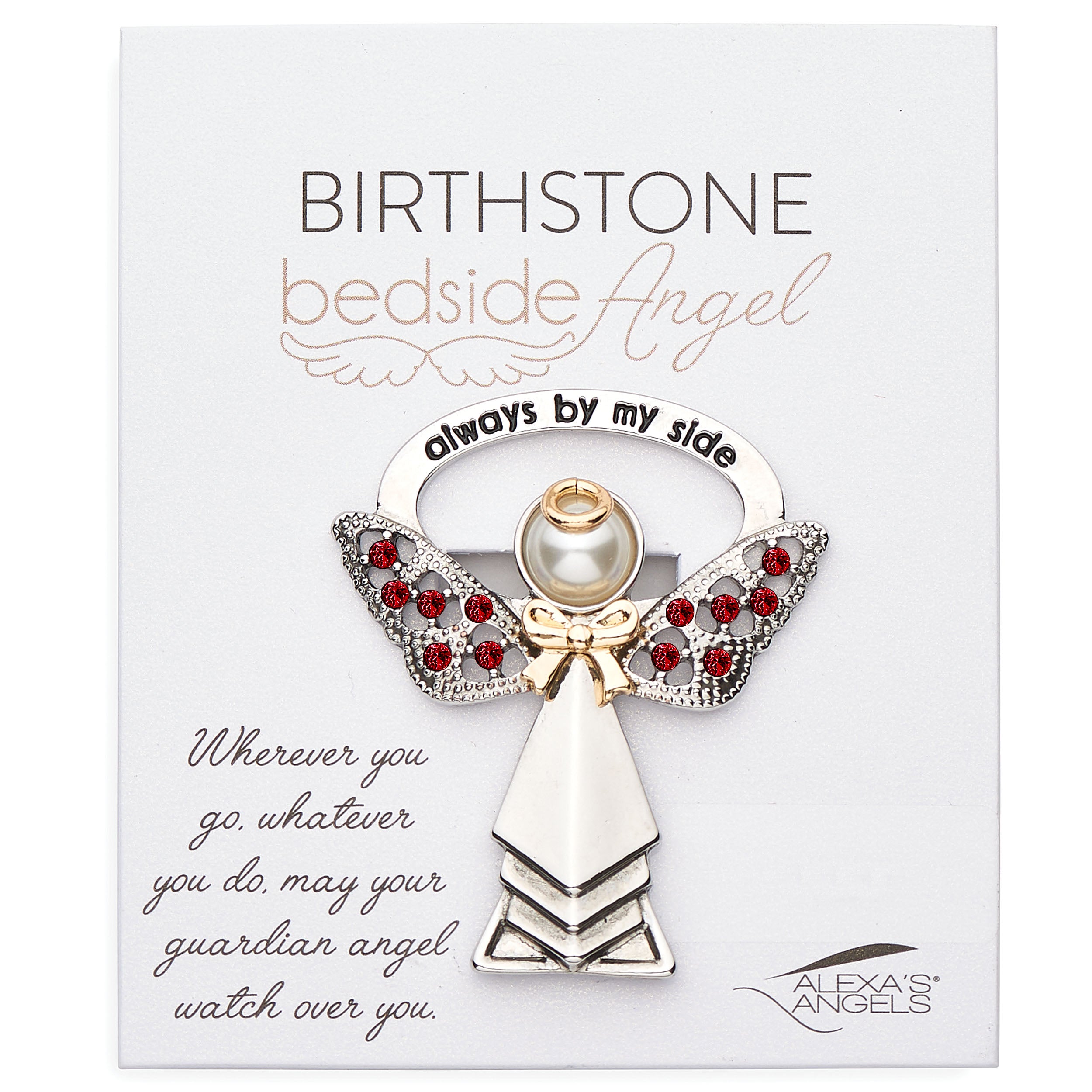 Angel brooch with red stones and pearl on a 'Birthstone Bedside Angel' card.