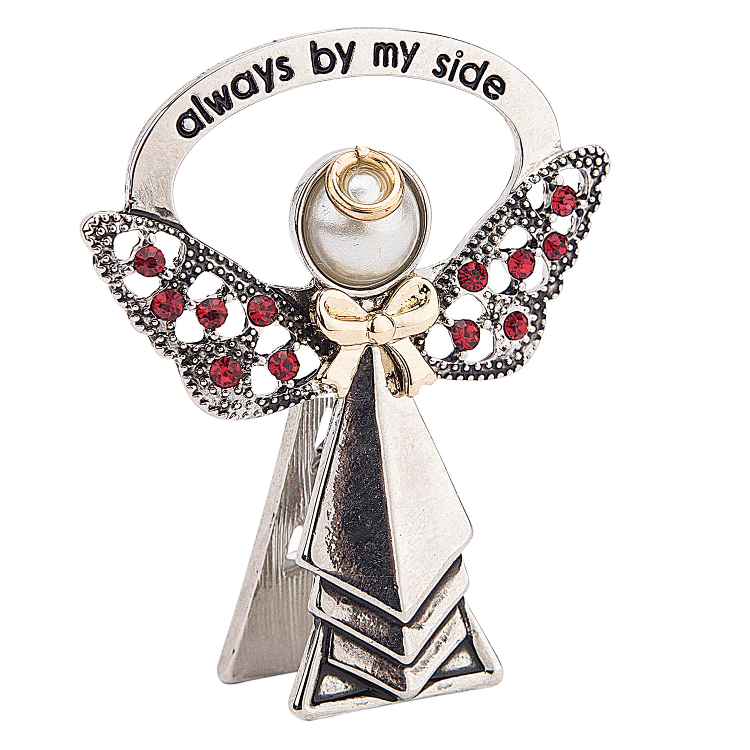 Decorative angel figurine with red gemstones and 'always by my side' text on a white background