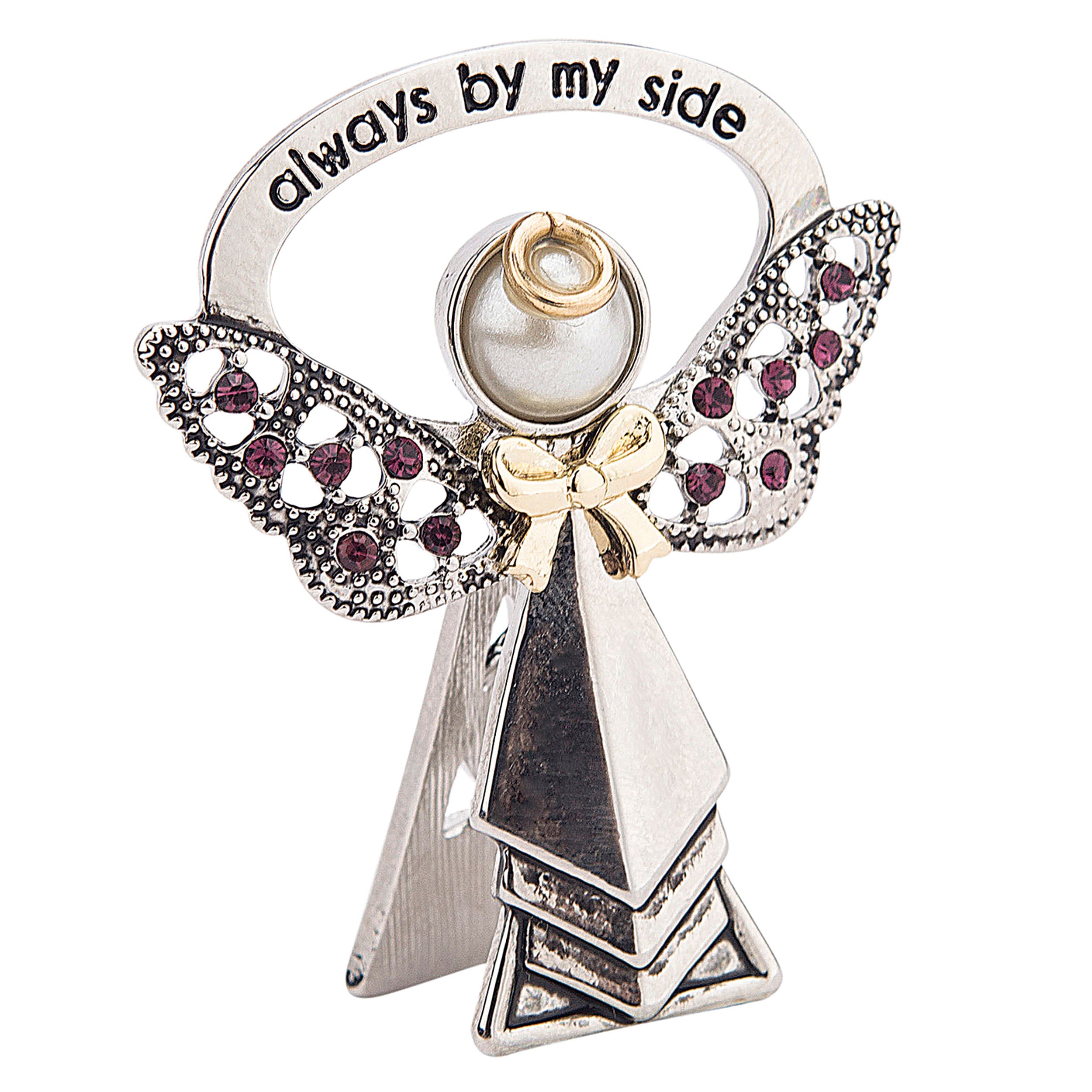 Decorative angel figurine with 'always by my side' text on a white background