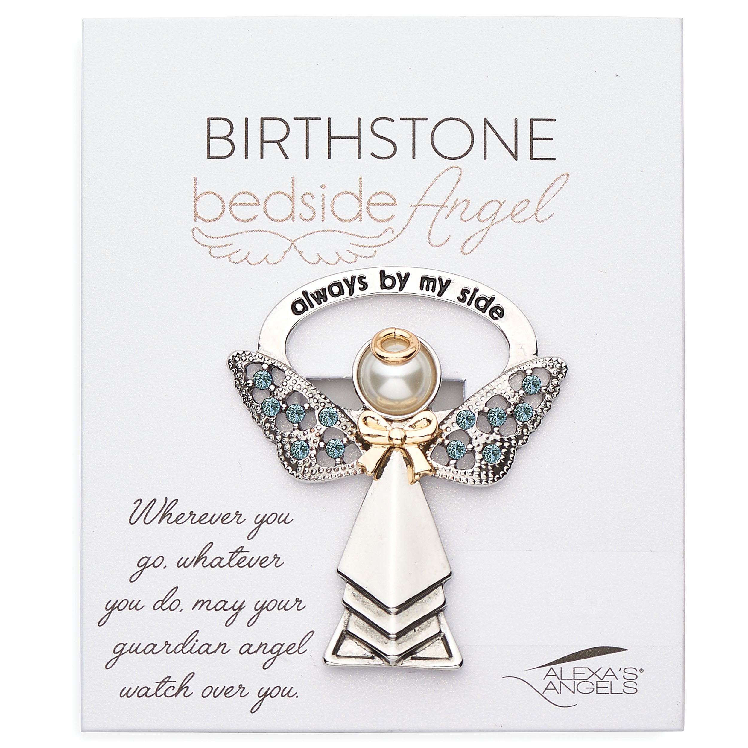 Angel-shaped pendant with birthstone on a card, featuring text and branding.