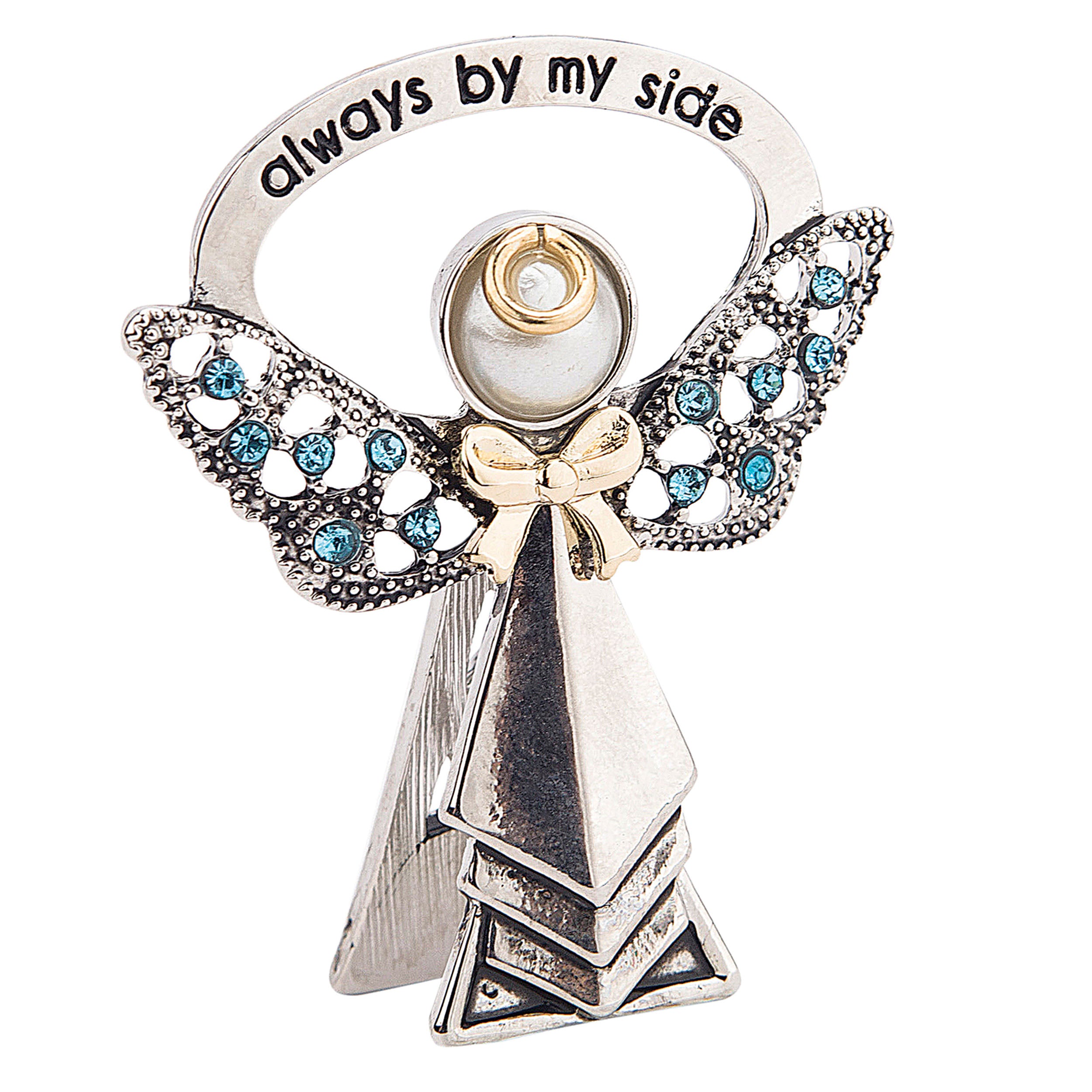 Decorative angel figurine with 'always by my side' text on a white background