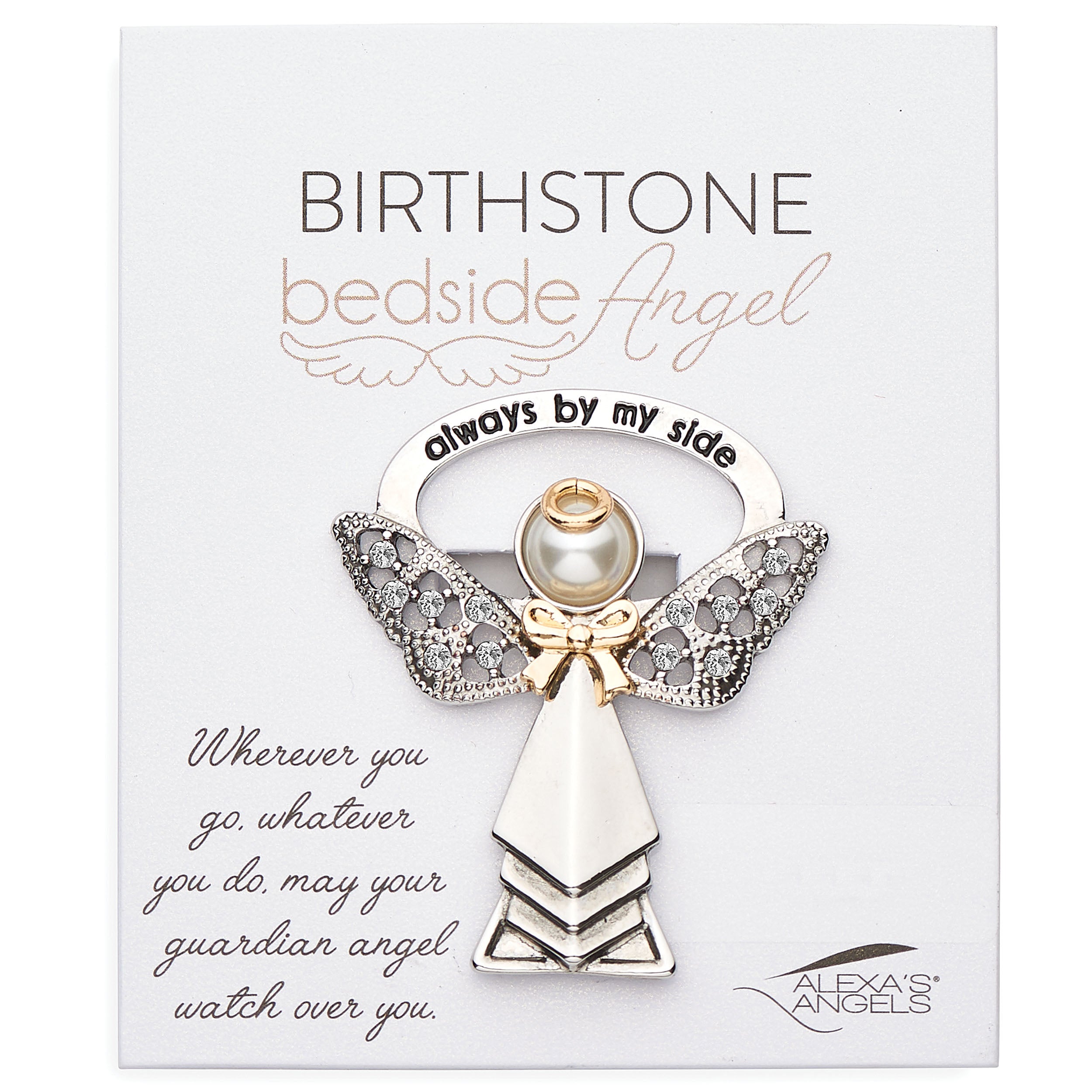 Angel brooch with pearl on a 'Birthstone Bedside Angel' card