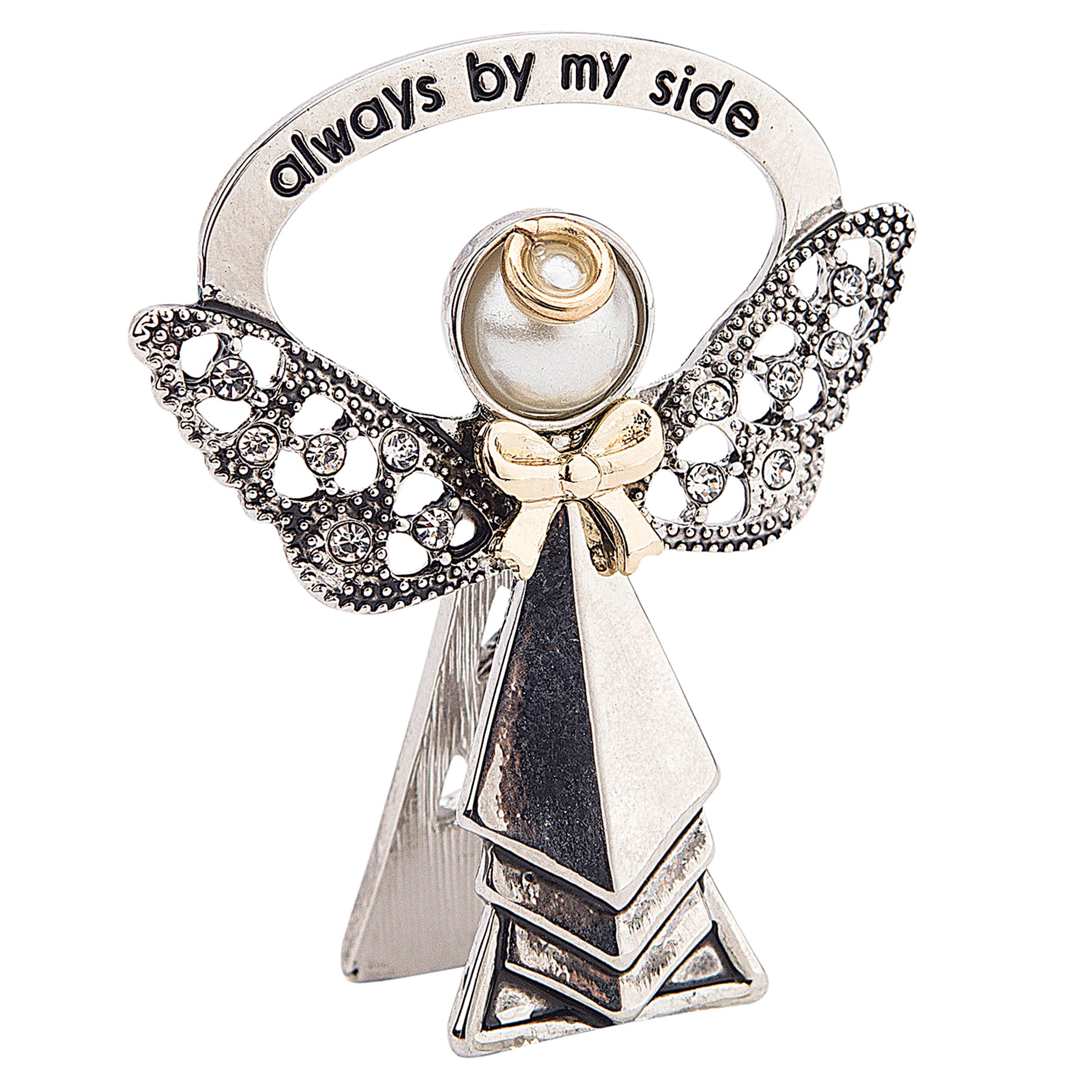 Decorative angel figurine with 'always by my side' text on a white background