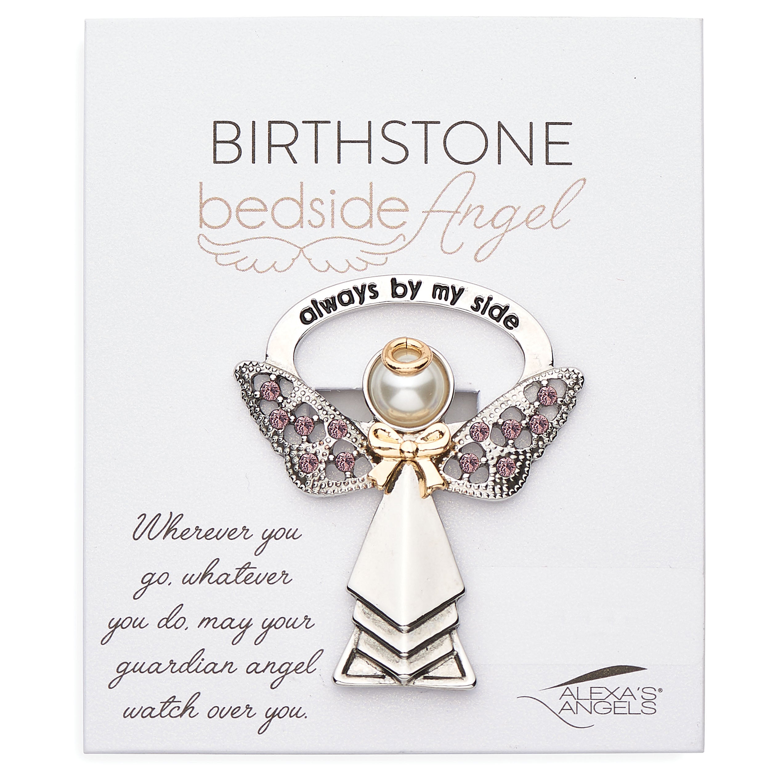 Angel brooch with pink stones on a white card with text