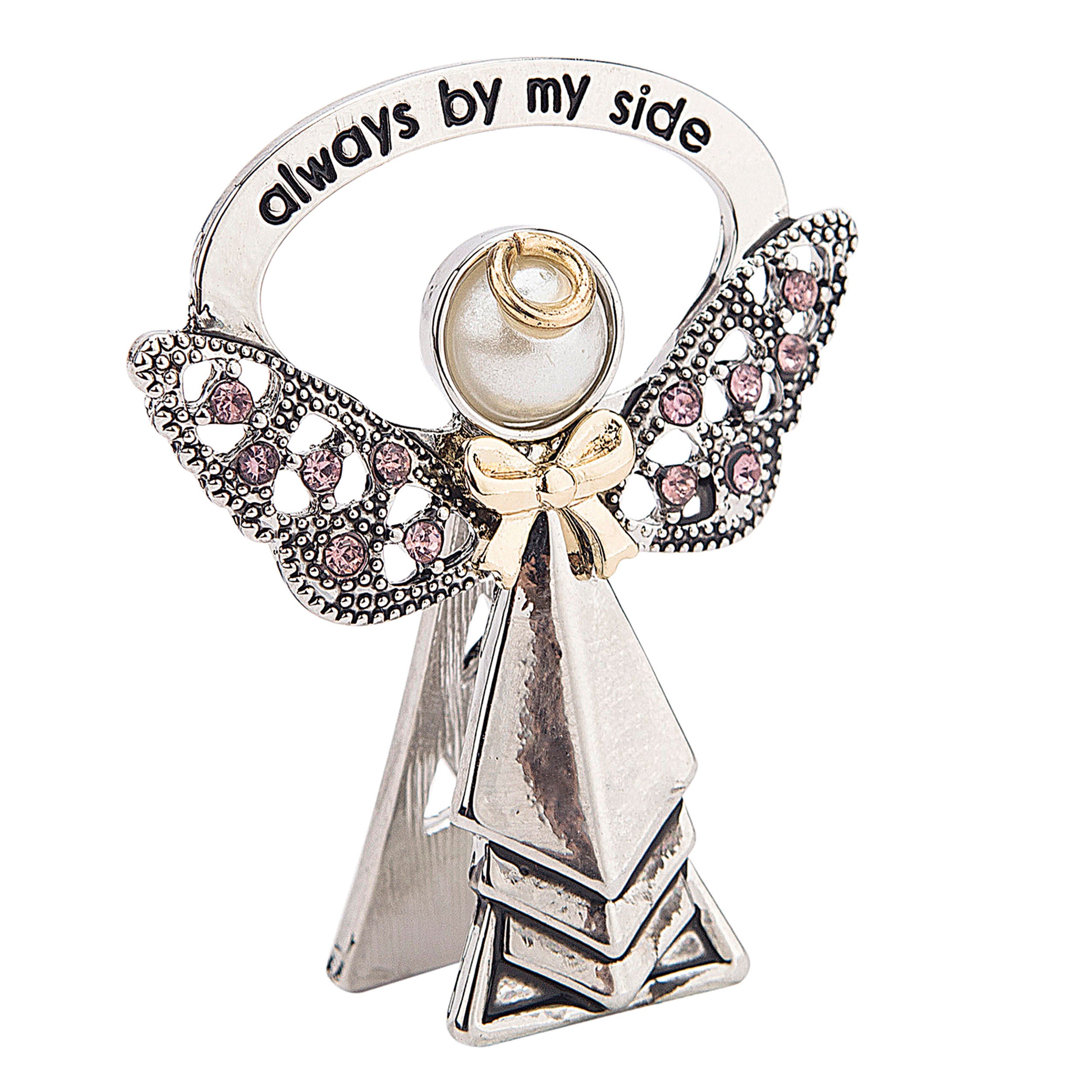 Decorative angel figurine with pink gemstones and 'always by my side' text on a white background
