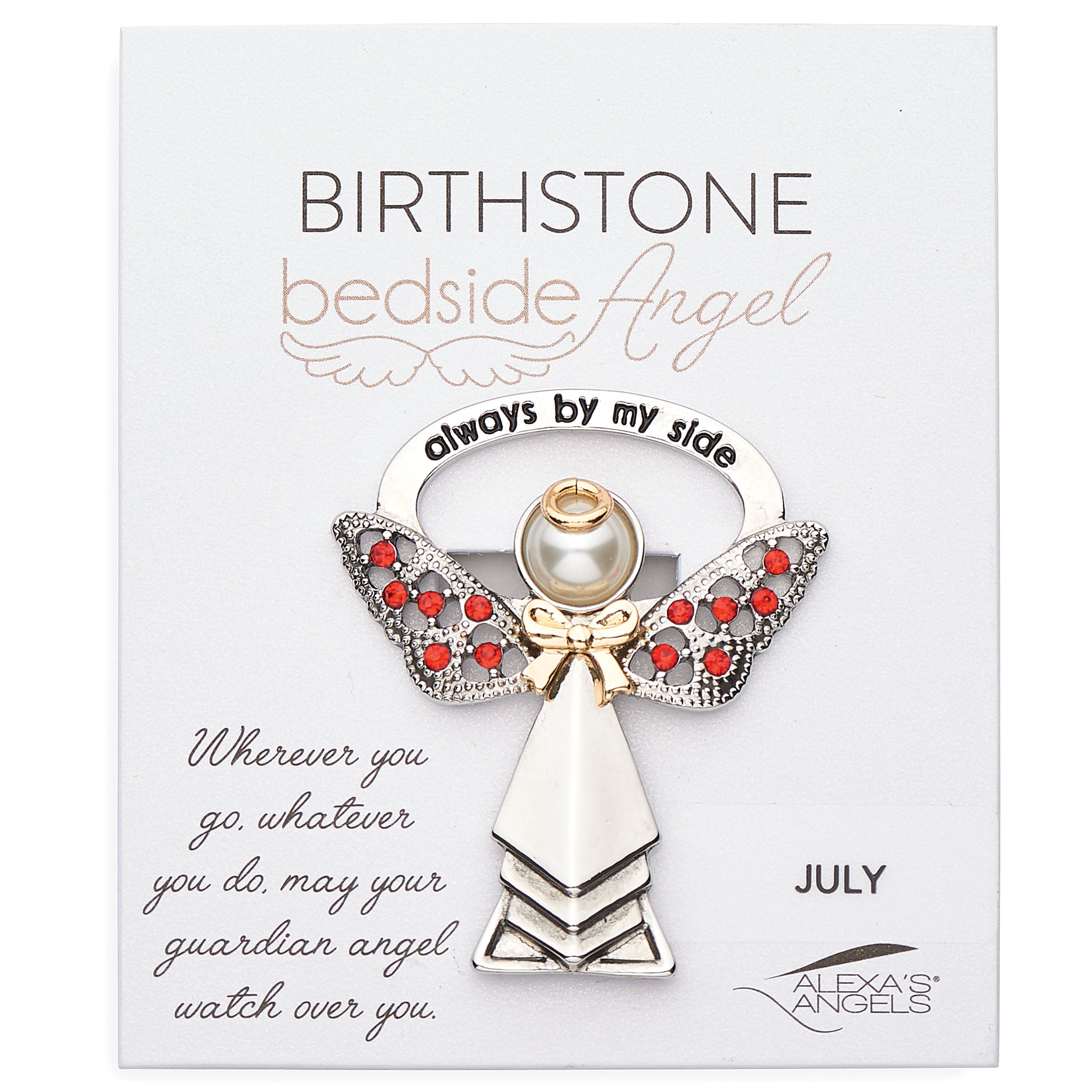 Angel brooch with red stones and pearl on a 'Birthstone Bedside Angel' card, featuring July birthstone information.