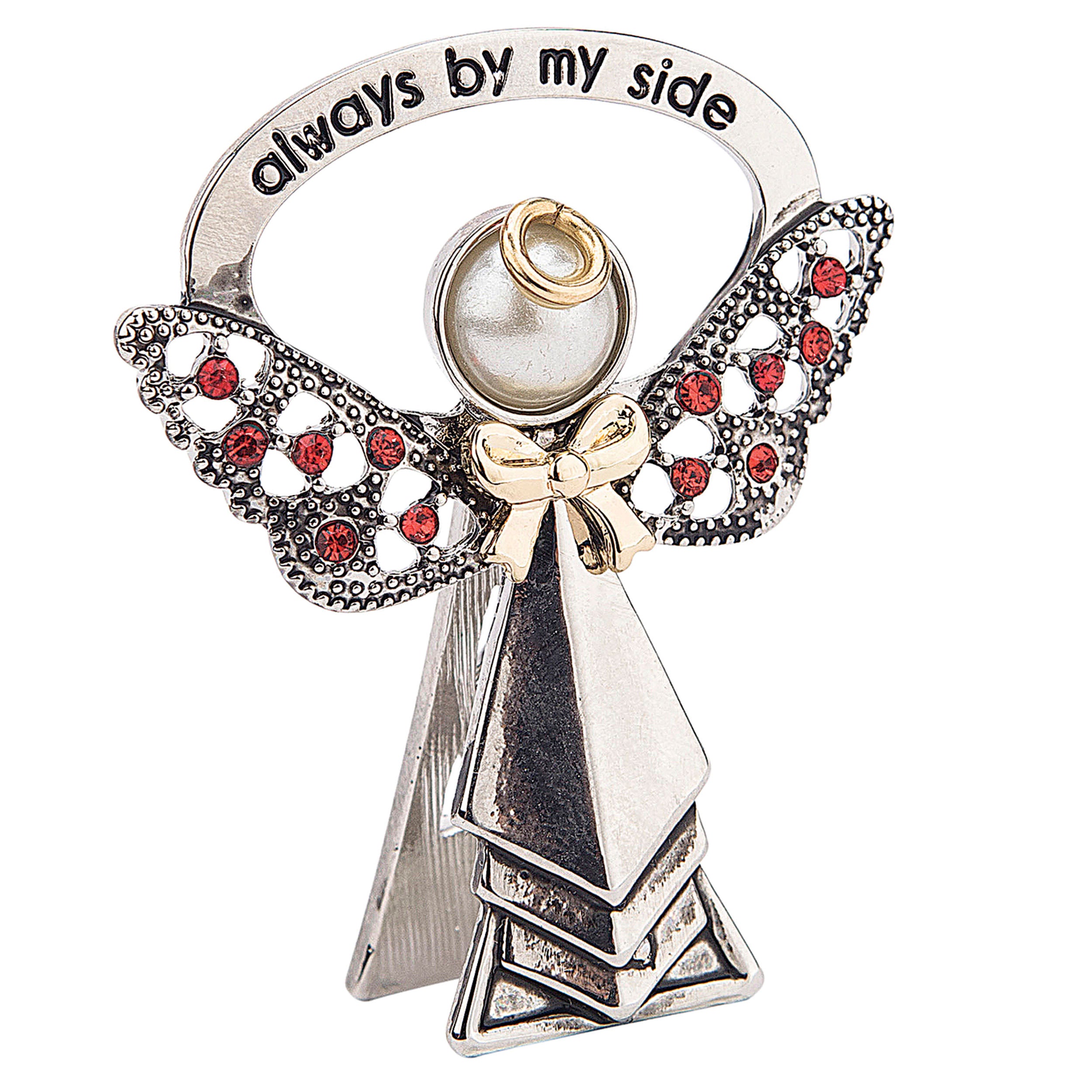 Decorative angel figurine with red gemstones and 'always by my side' text on a white background