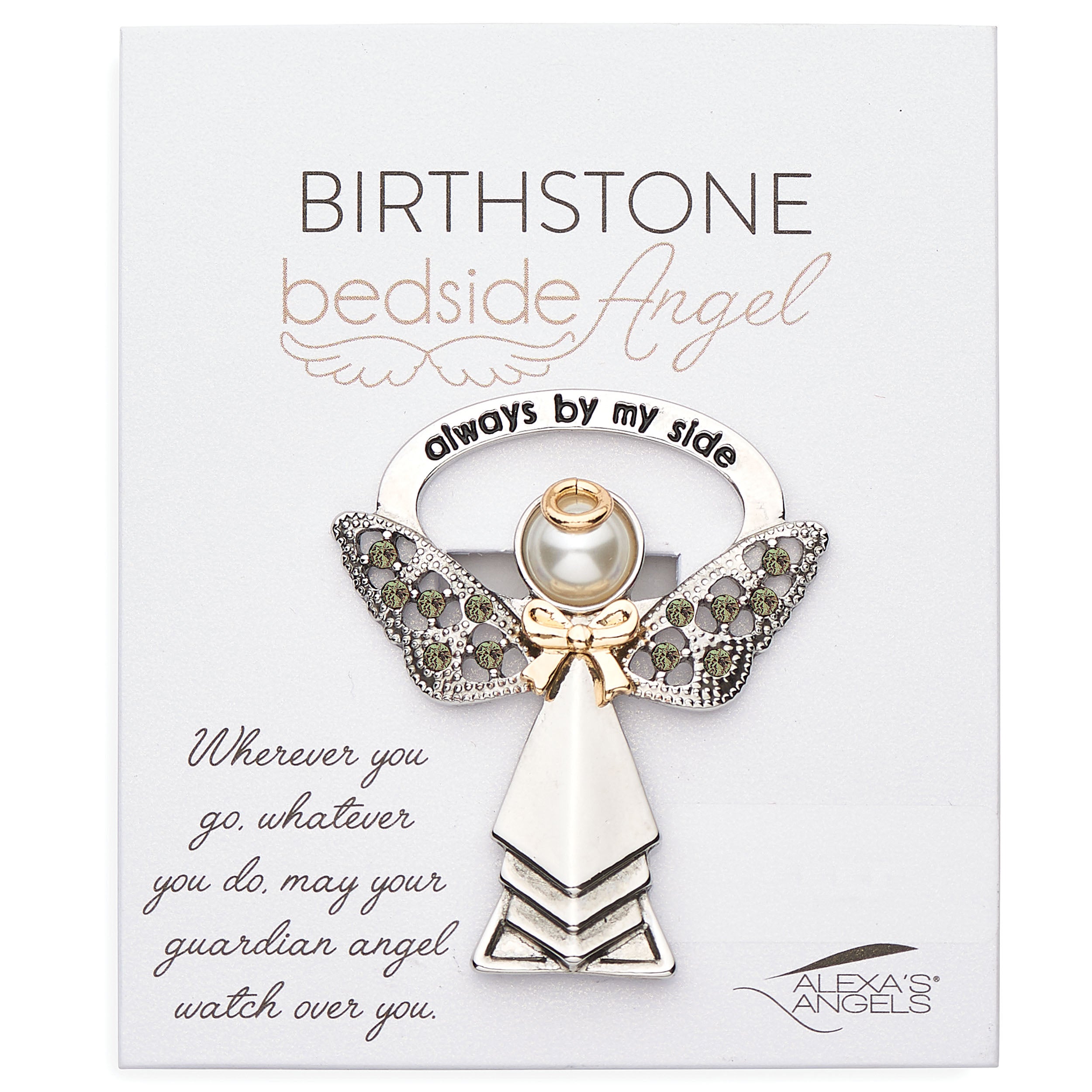 Angel-shaped pendant with birthstone on a card, featuring text and branding.