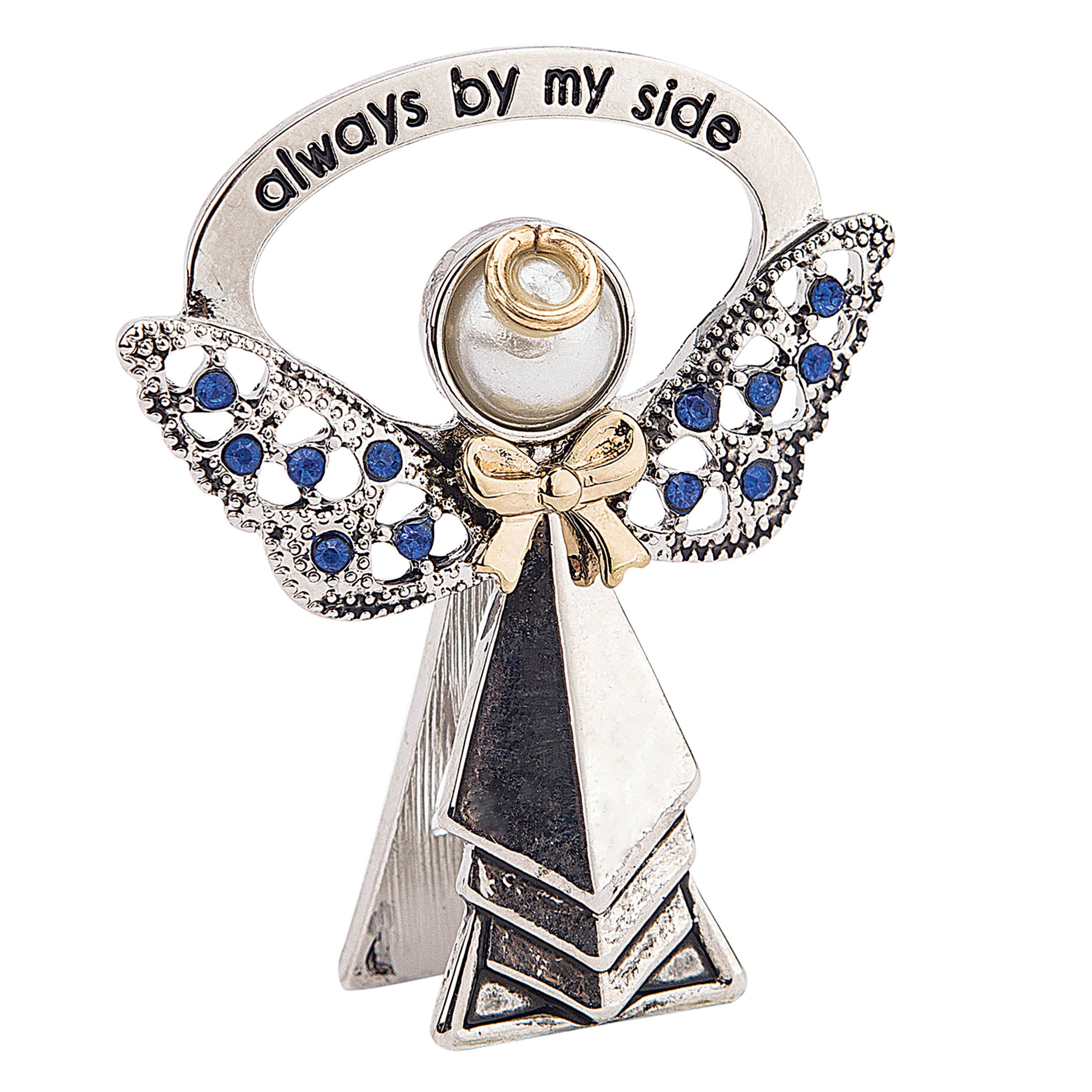 Decorative angel figurine with blue accents and a pearl, featuring the text 'always by my side' on a white background.