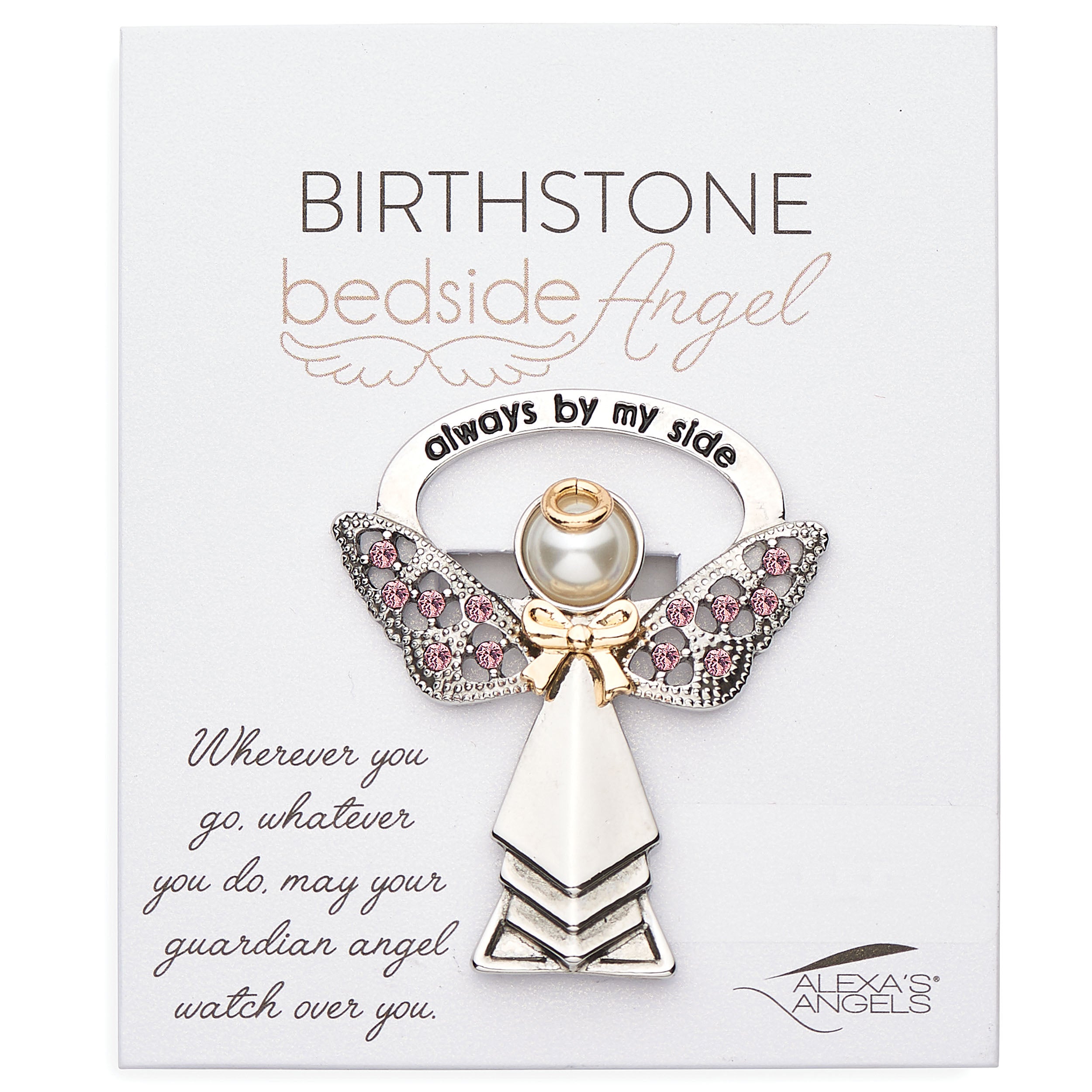 Angel-shaped pendant with pink stones on a white card with text
