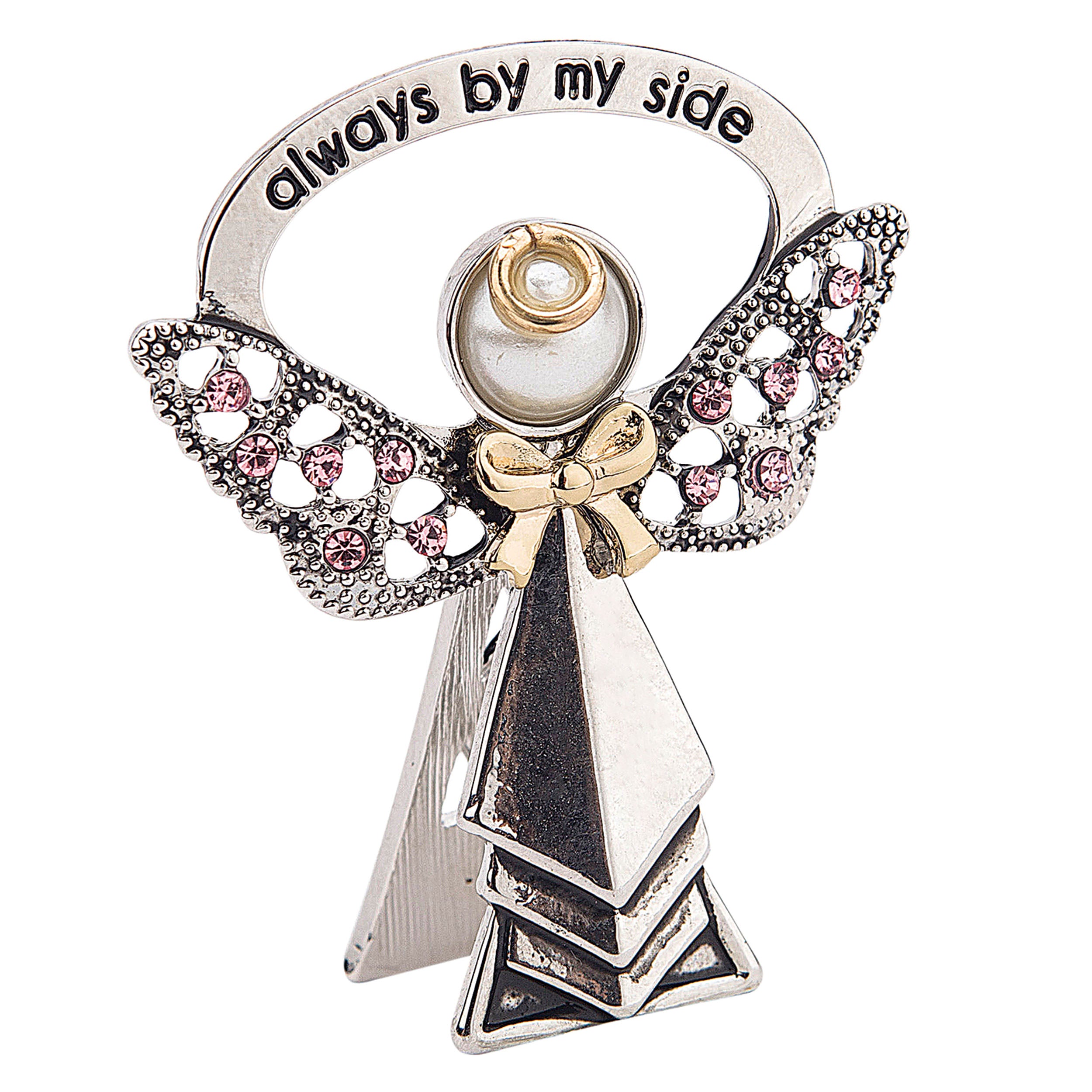 Decorative angel figurine with pink rhinestones and 'always by my side' text on a white background