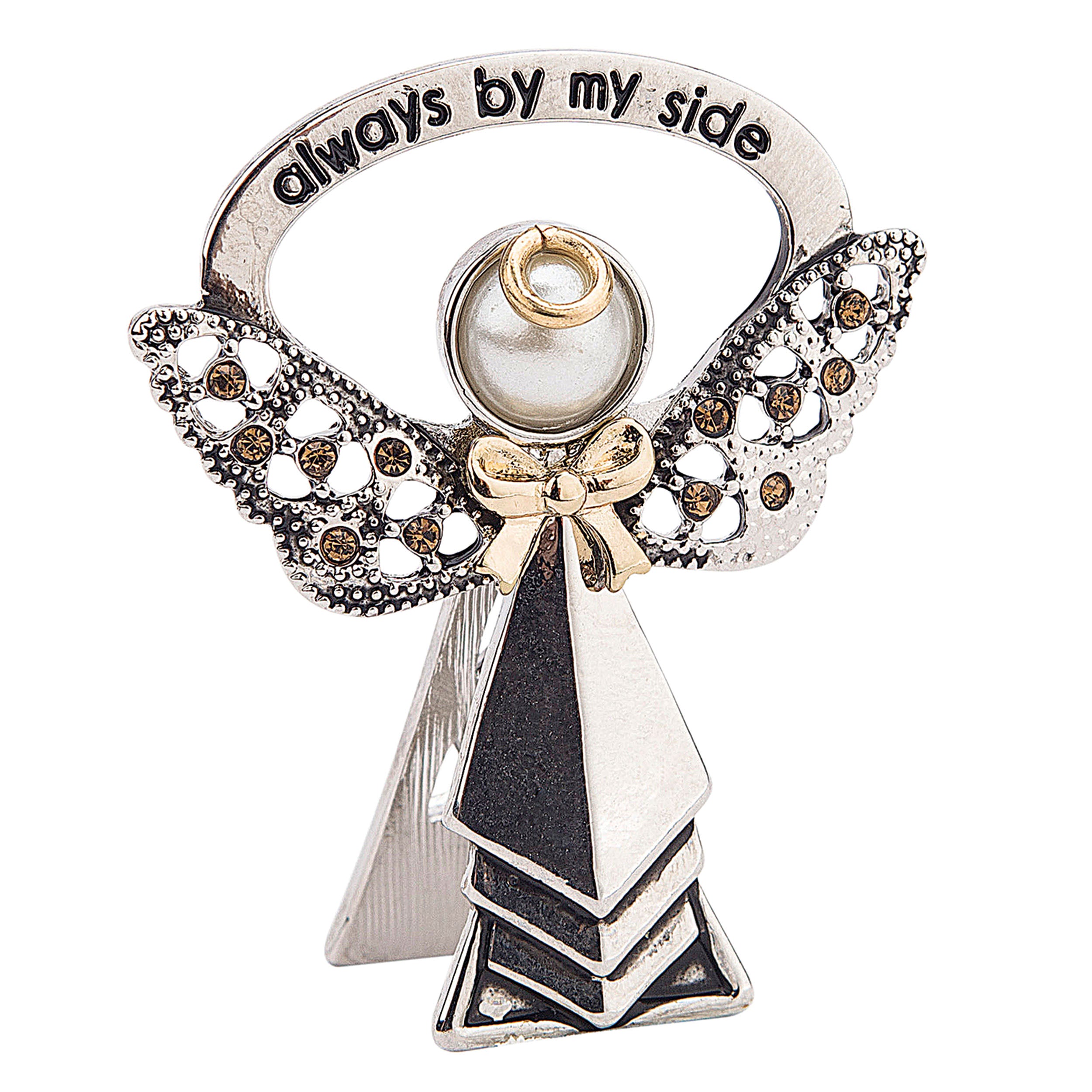 Decorative angel figurine with 'always by my side' text on a white background
