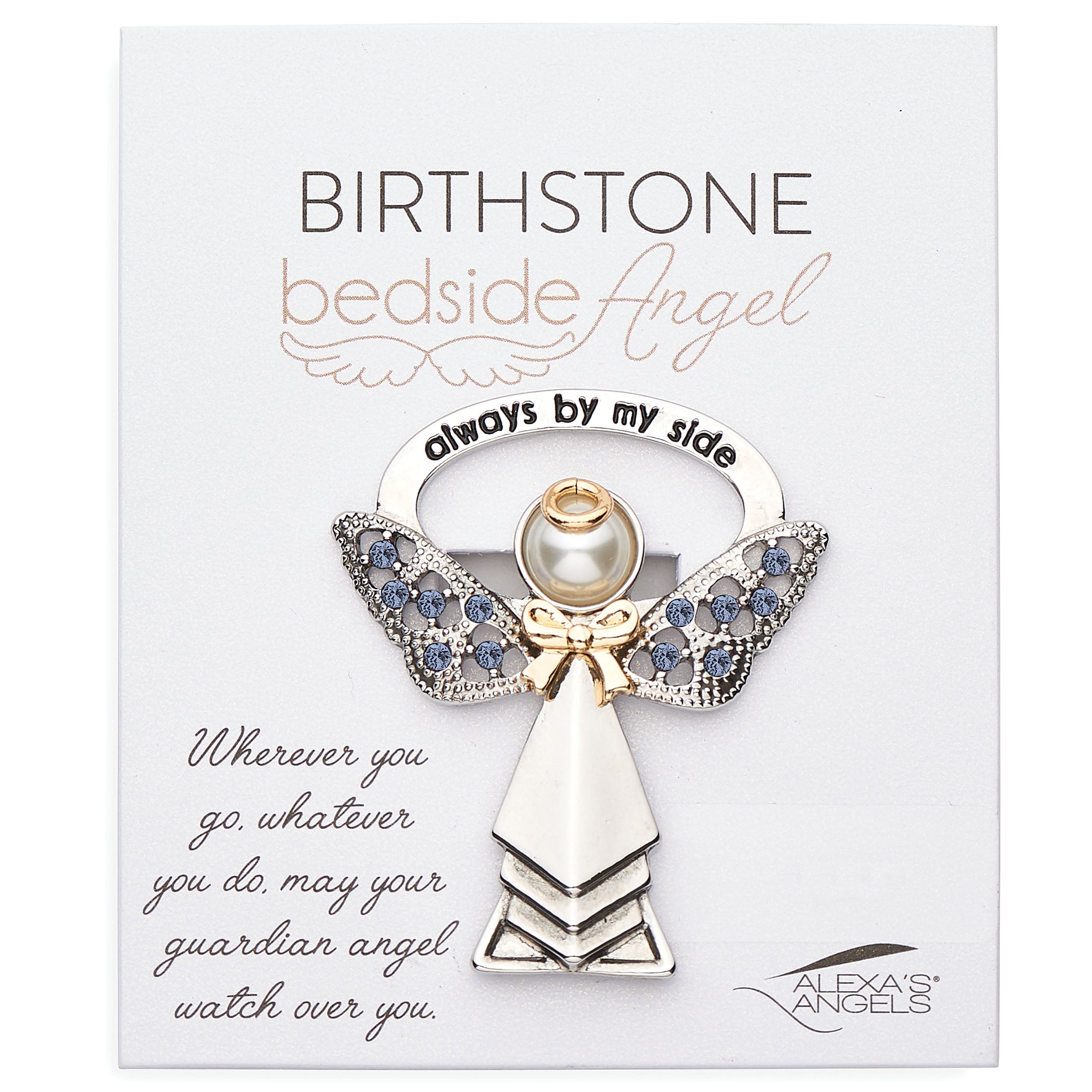 Angel brooch with birthstone on a branded card