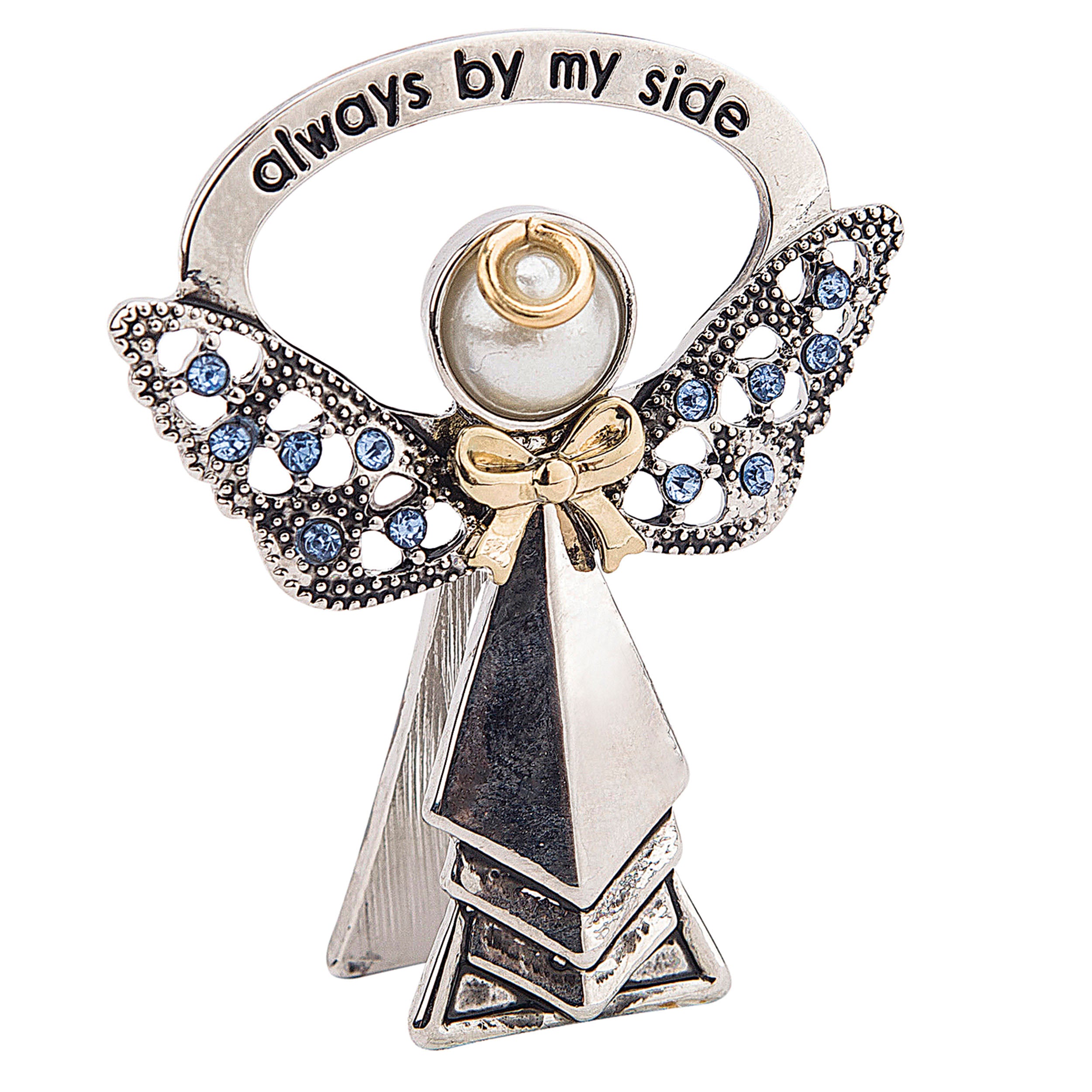 Decorative angel figurine with blue gemstones and 'always by my side' text on a white background