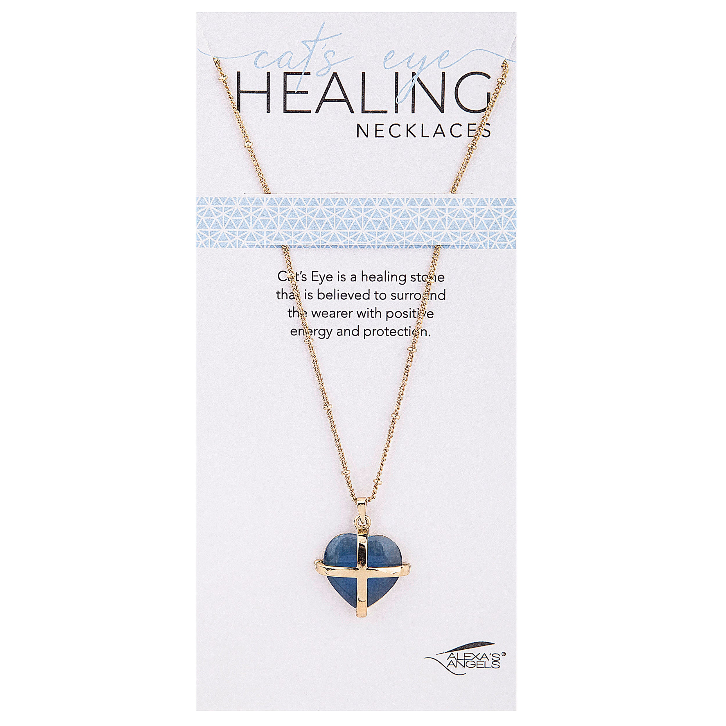 Necklace with a blue heart pendant on a white card with text about healing properties.