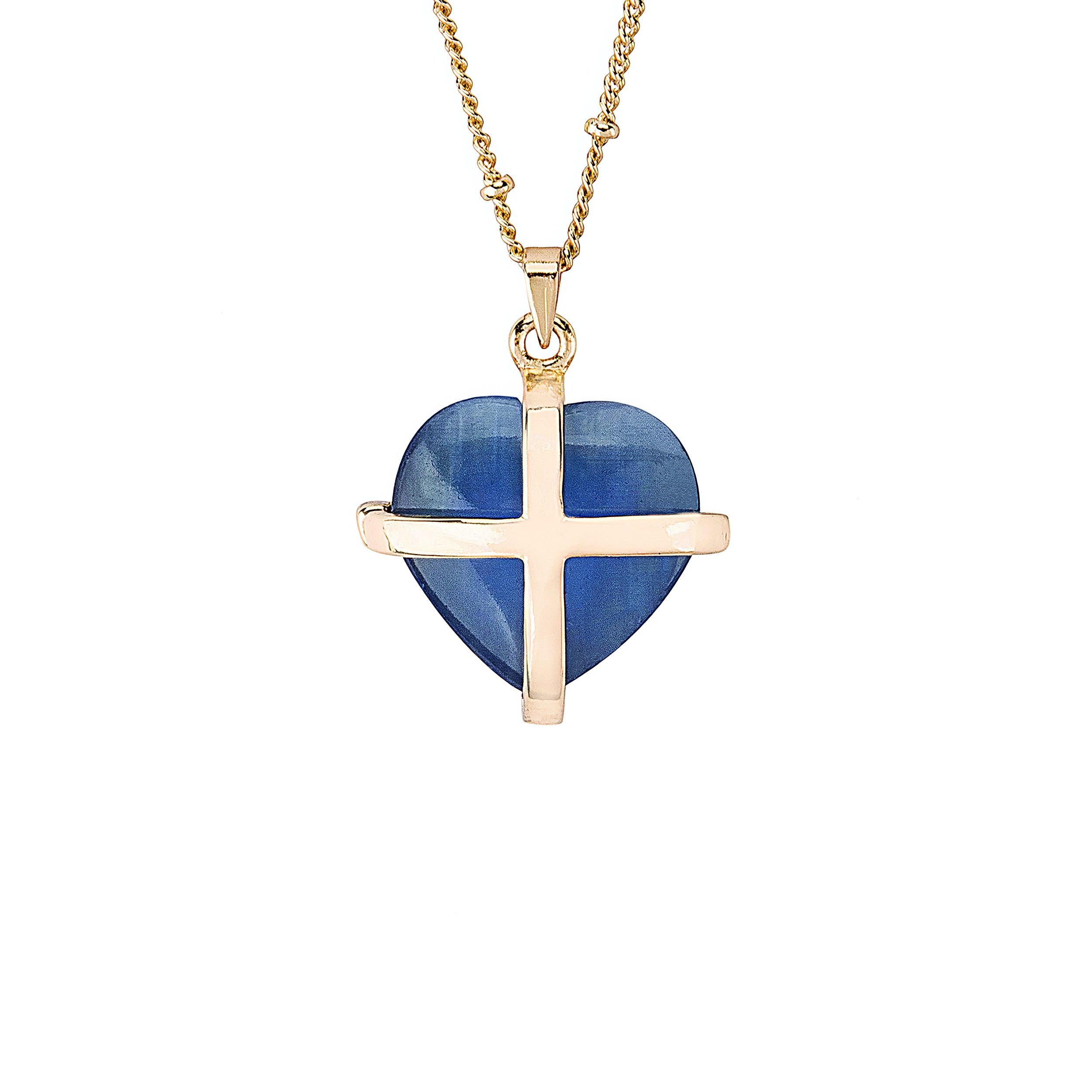 Gold necklace with a blue heart-shaped pendant on a white background