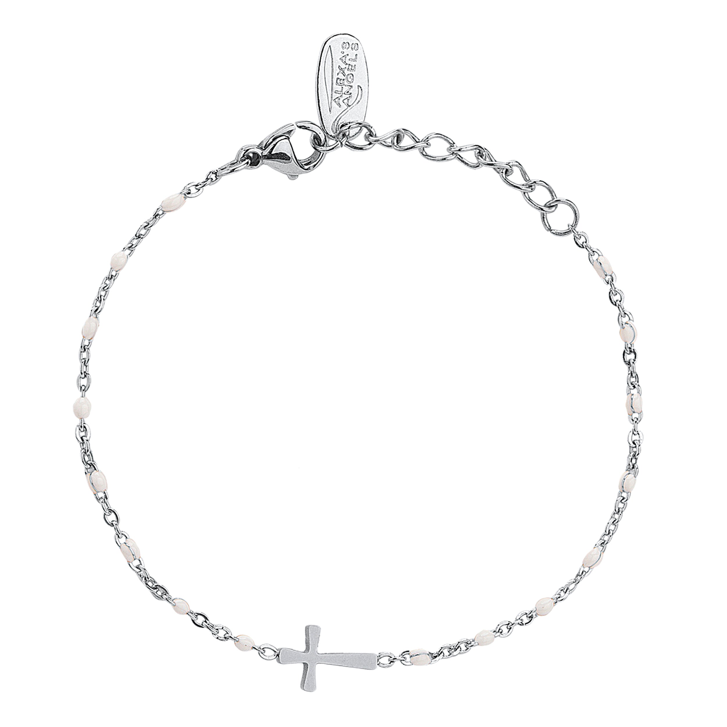 Silver bracelet with a small cross charm on a white background