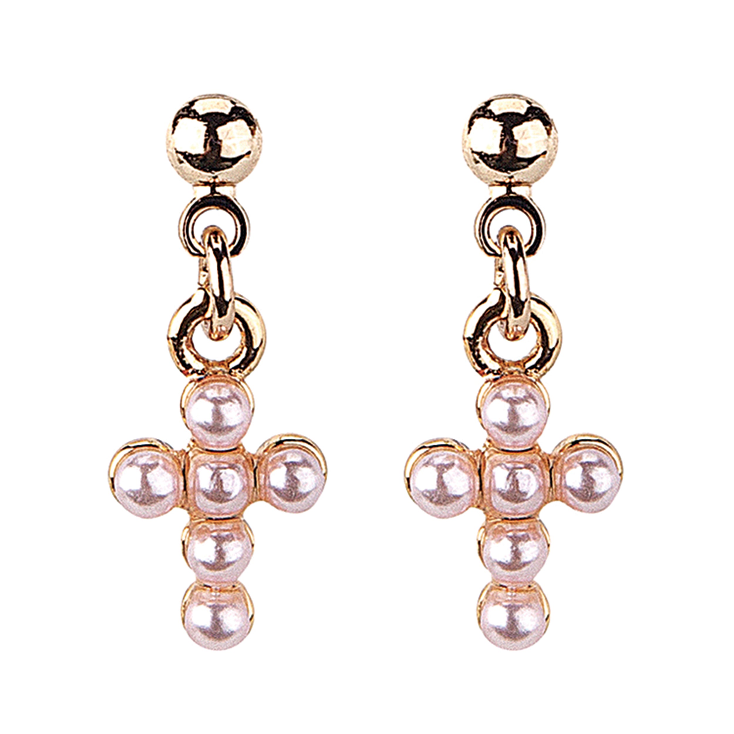 Gold cross-shaped earrings with pearl-like beads on a white background