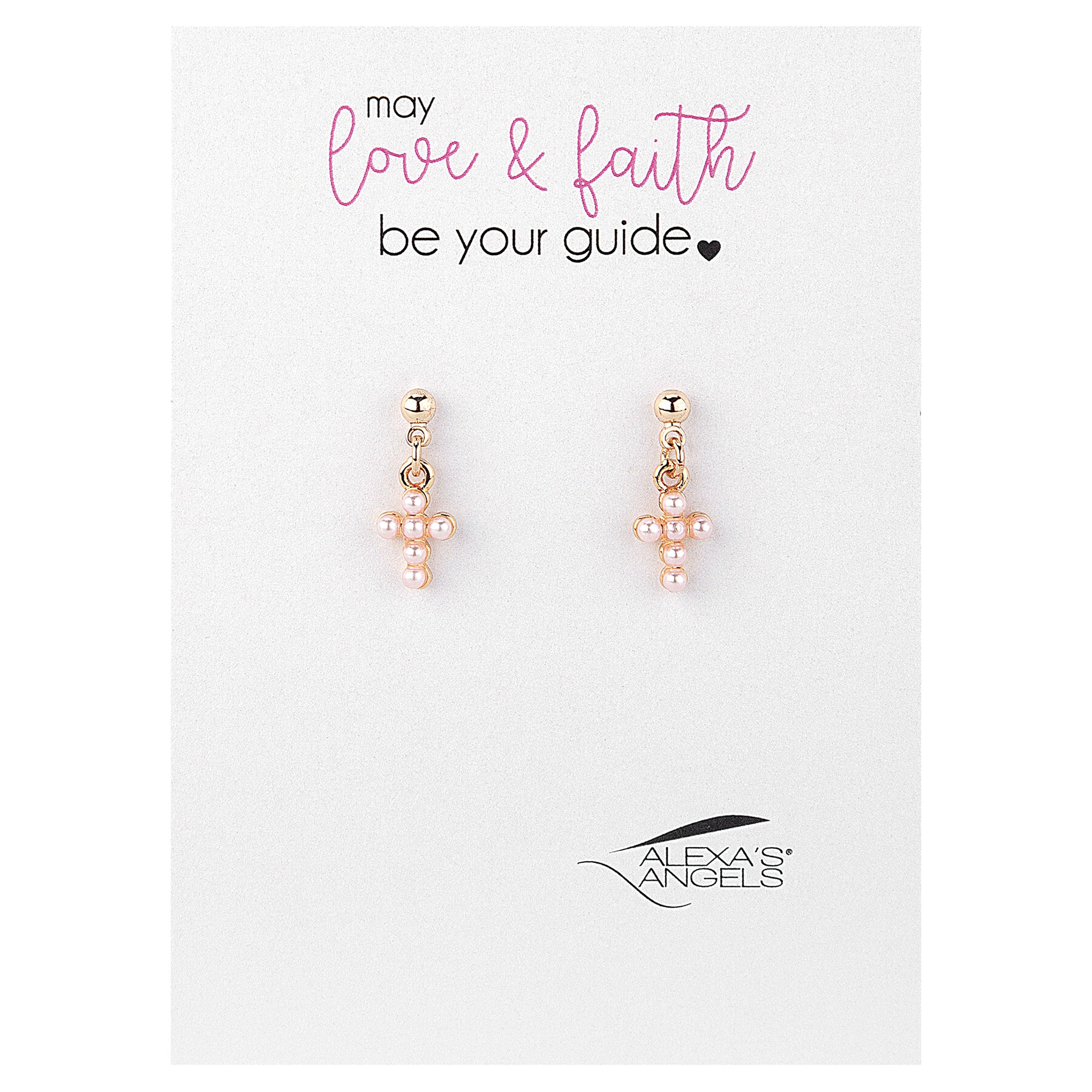 Pair of earrings on a card with 'May love & faith be your guide' text and Alexa Angels logo.