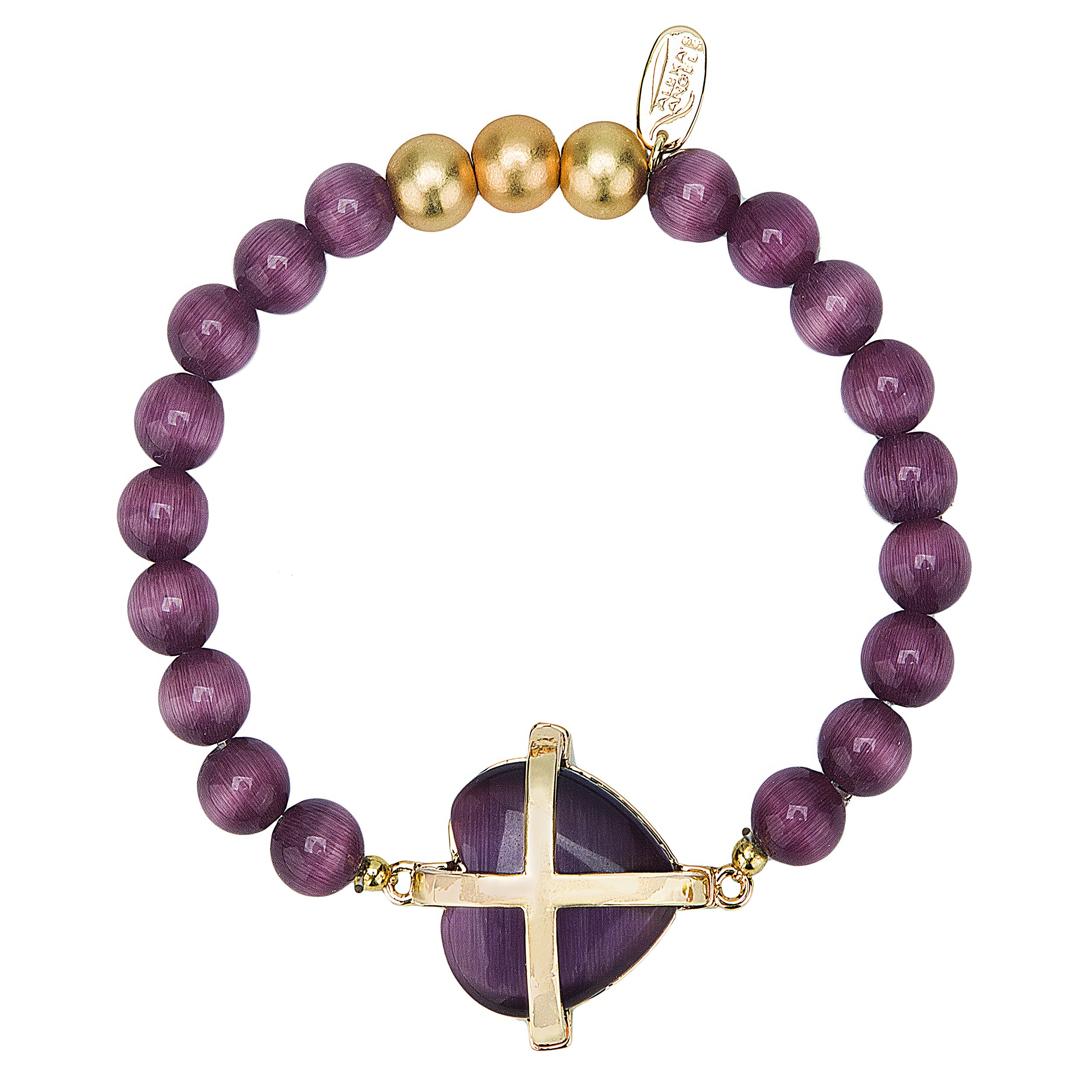Purple beaded bracelet with gold accents on a white background