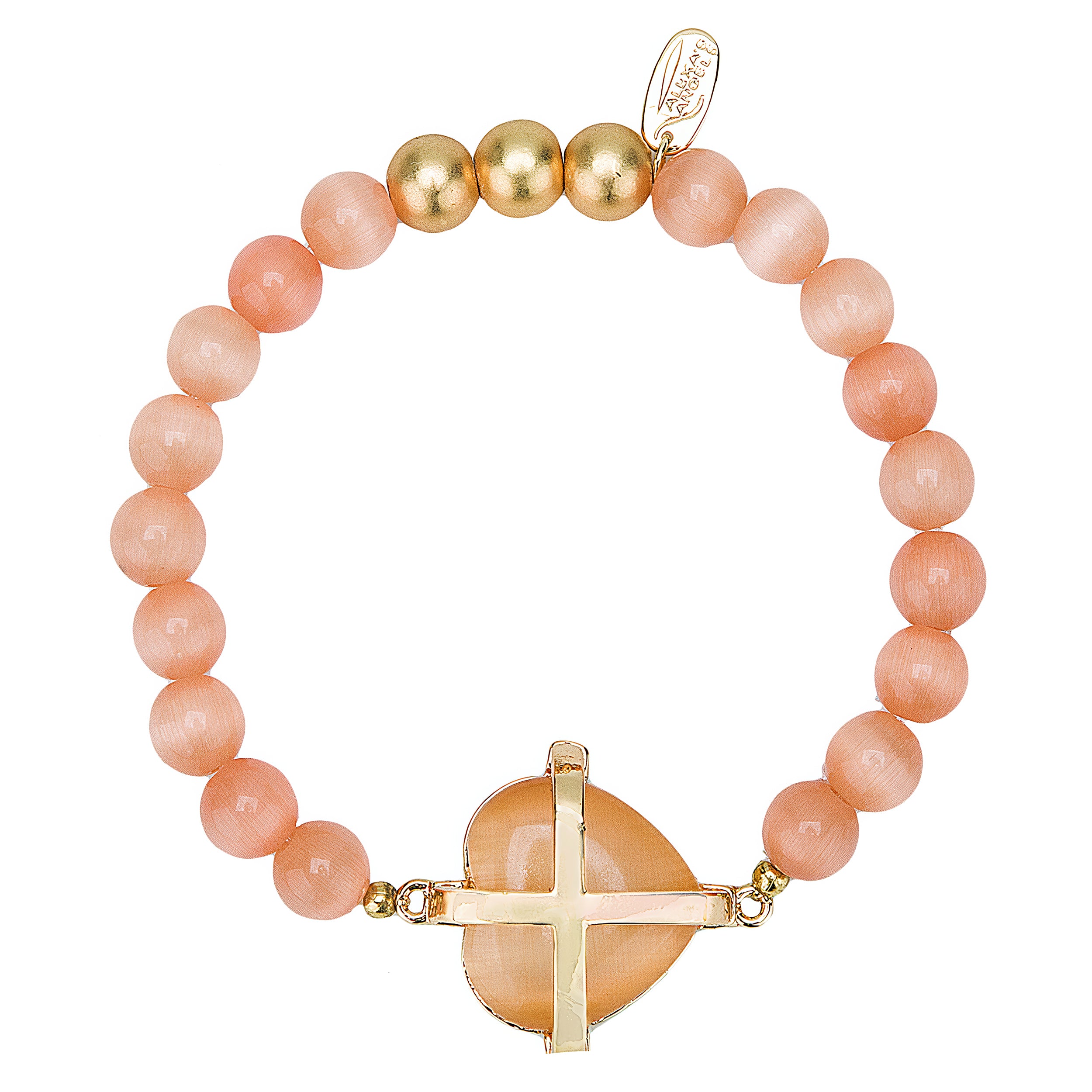 Bracelet with pink beads and gold accents on a white background