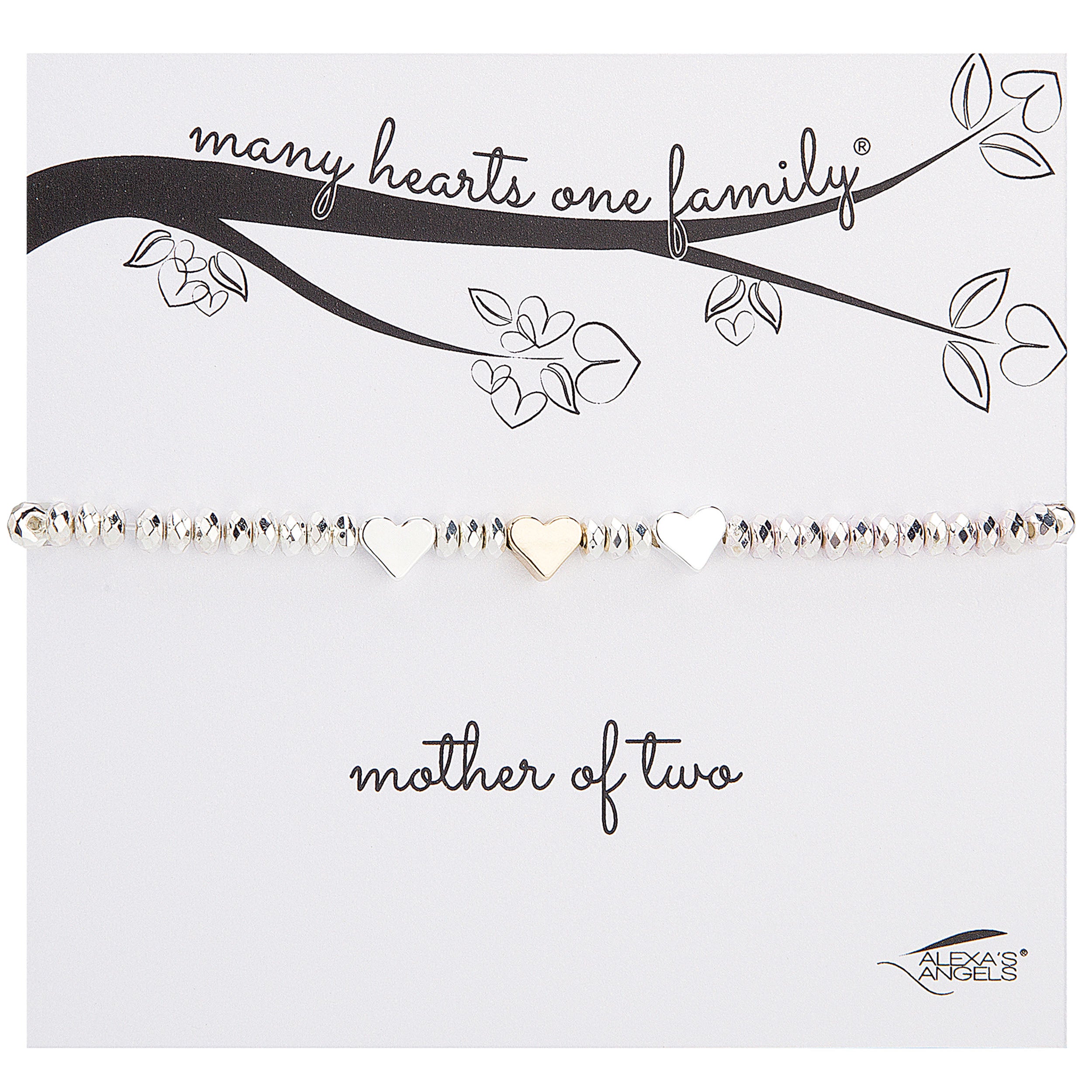 Jewelry card with 'many hearts one family' and 'mother of two' text, featuring a bracelet with heart-shaped charms.