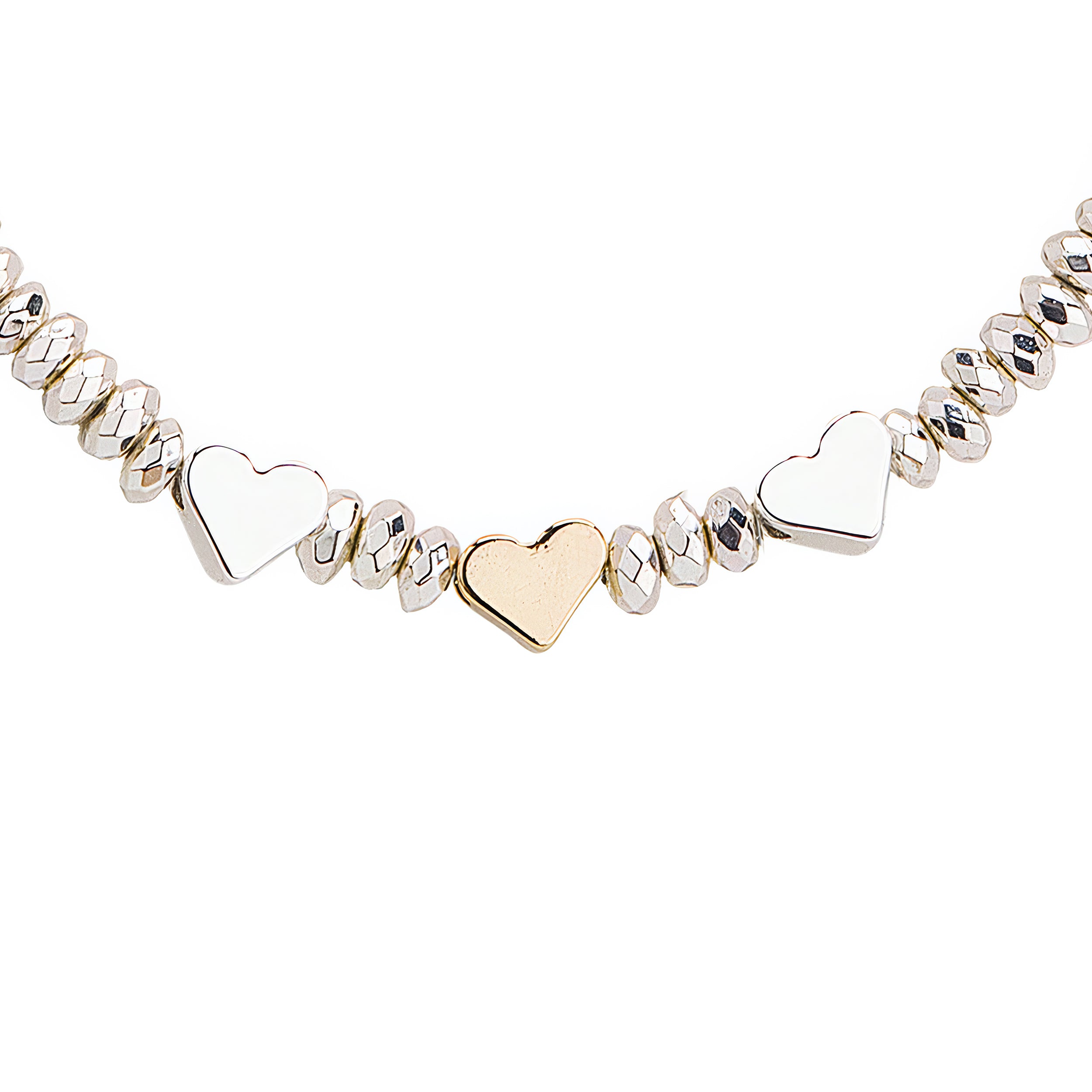 Bracelet with heart-shaped and round beads on a white background